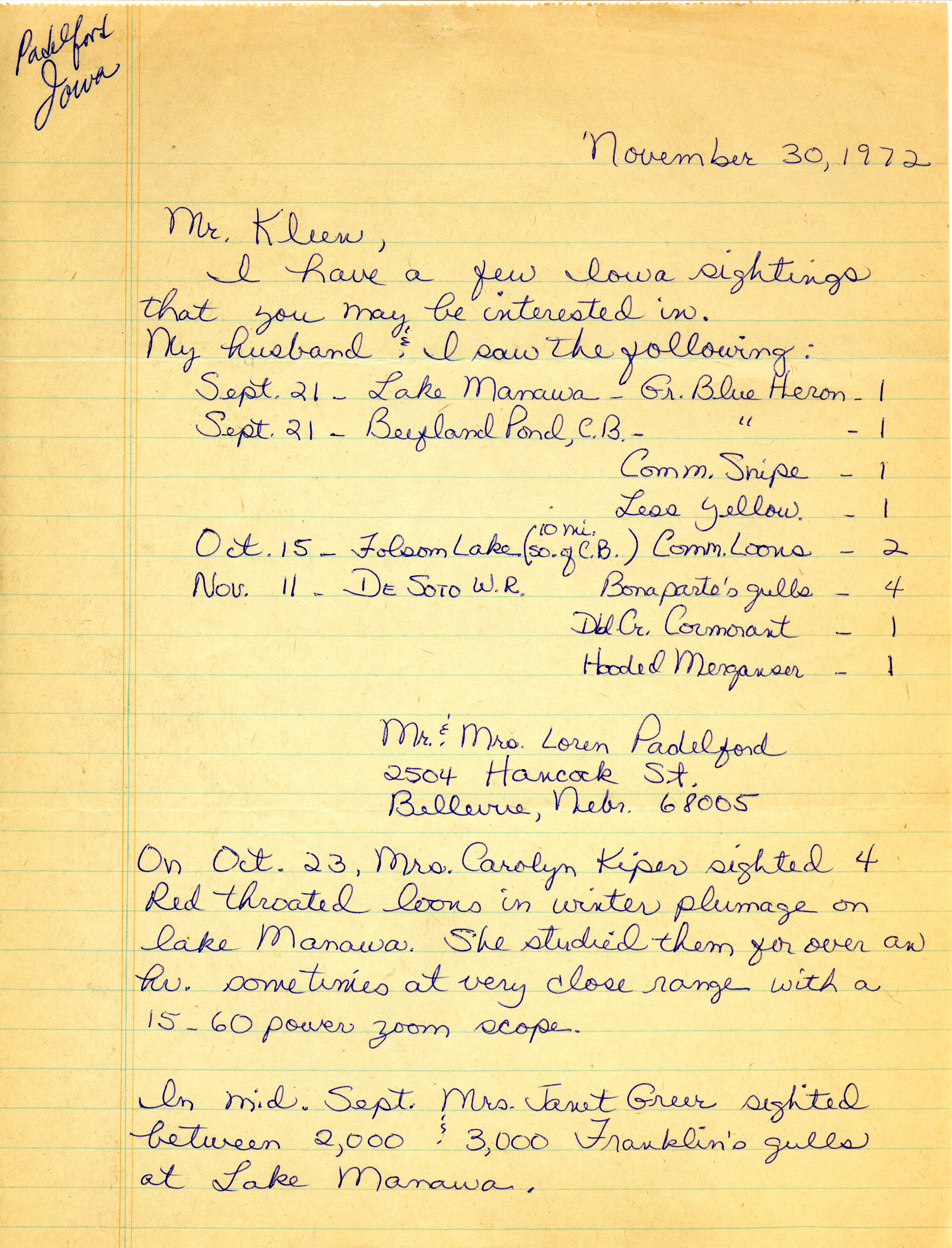 Babs Padelford letter to Vernon M. Kleen regarding fall bird sightings, November 30, 1972