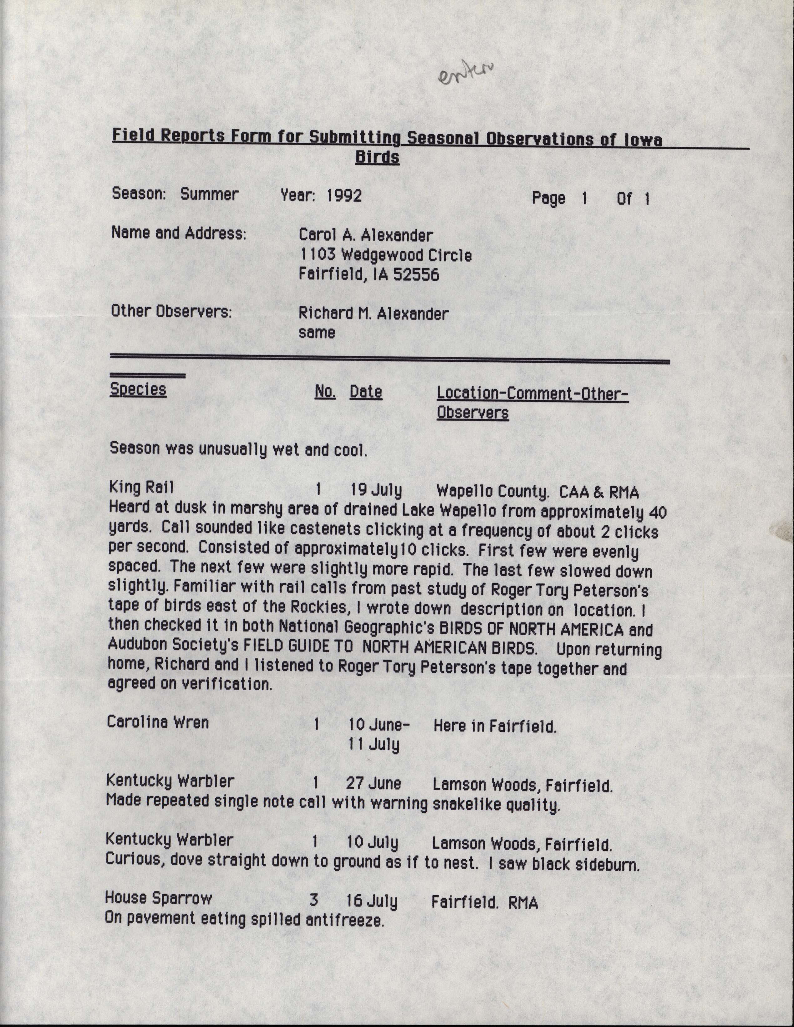 Field reports form for submitting seasonal observations of Iowa birds, Carol Ann Alexander, summer 1992