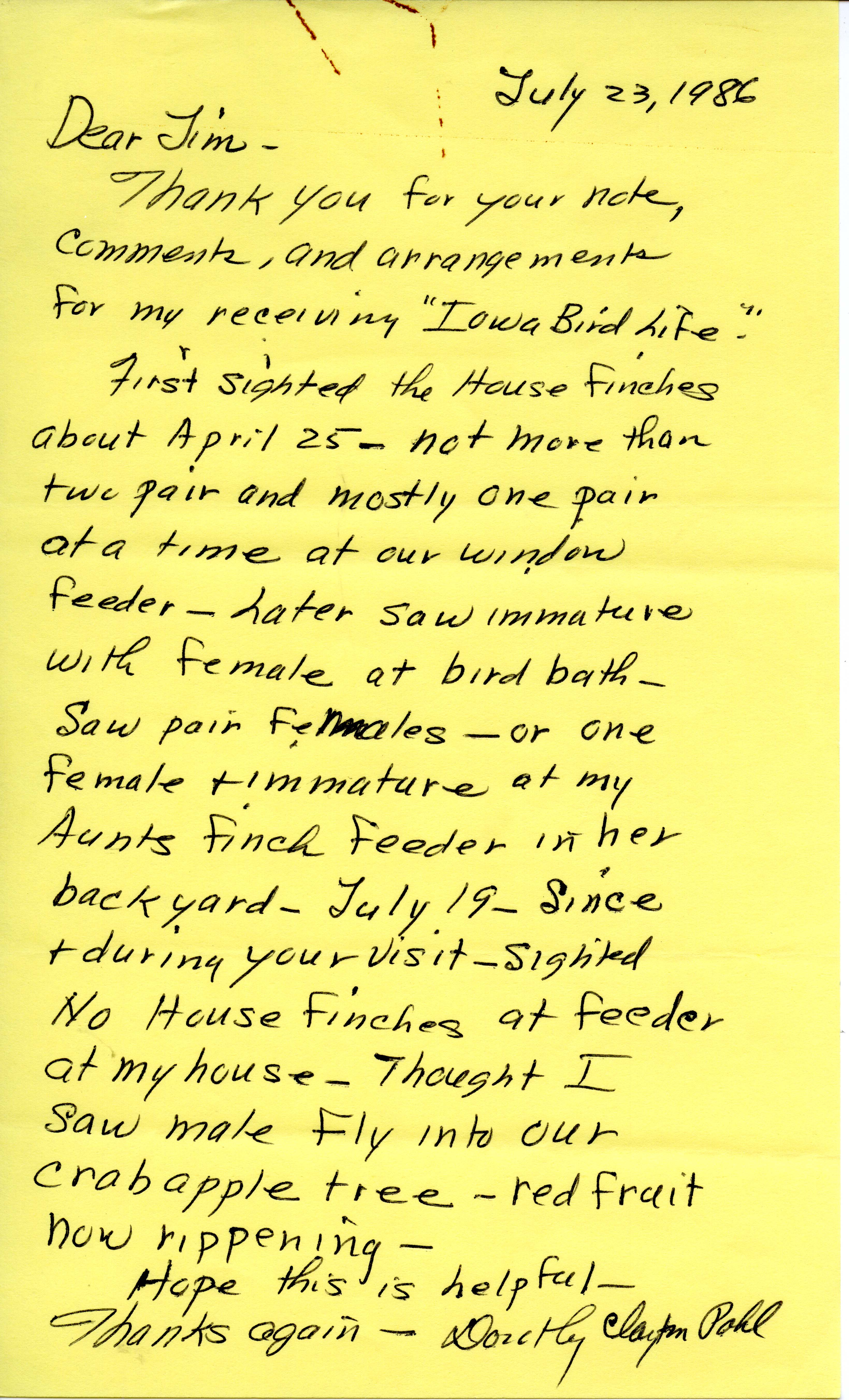 Dorothy Clayton Pohl letter regarding house finch sightings, July 23, 1986