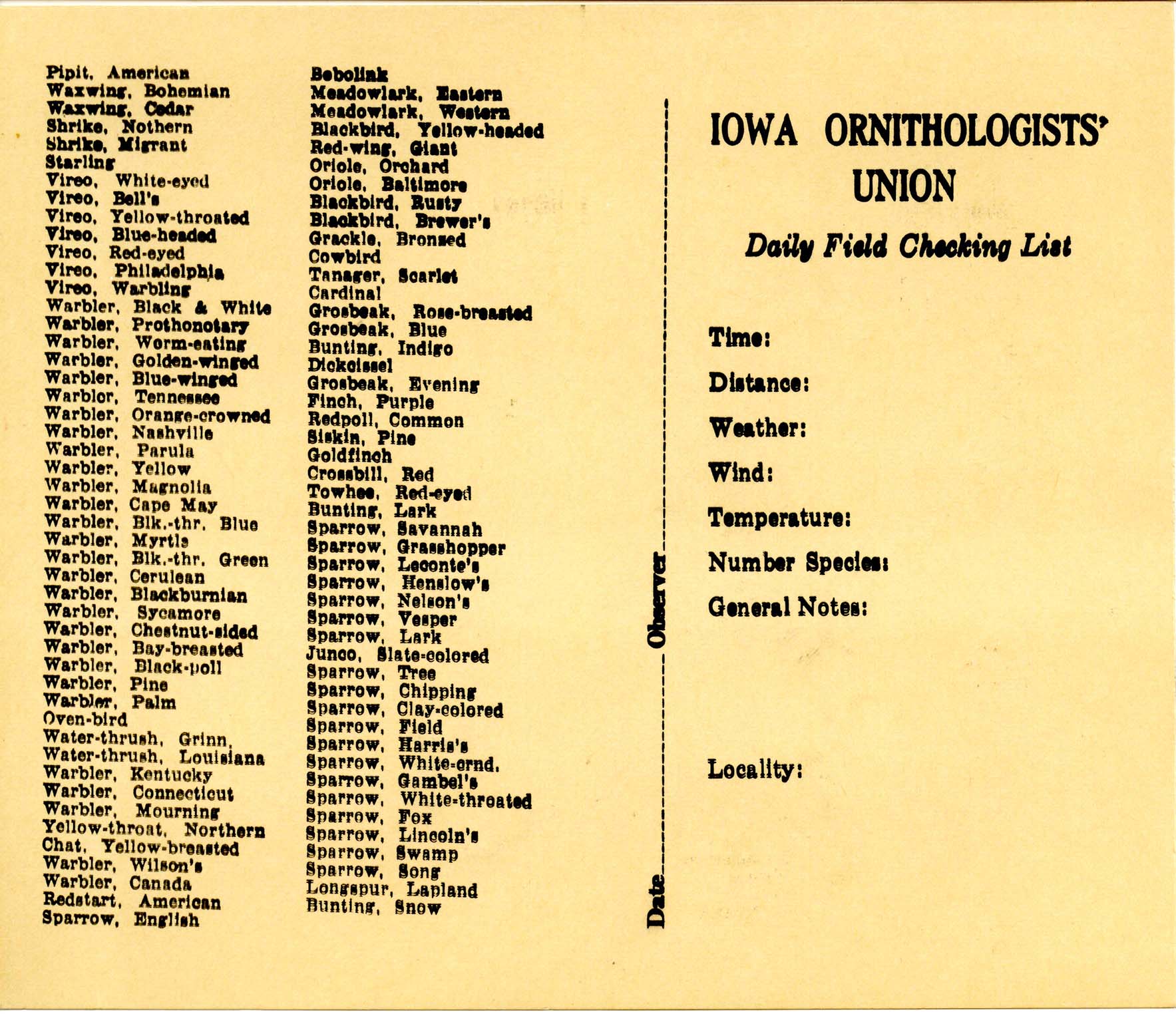 Iowa Ornithologists' Union daily field checking list