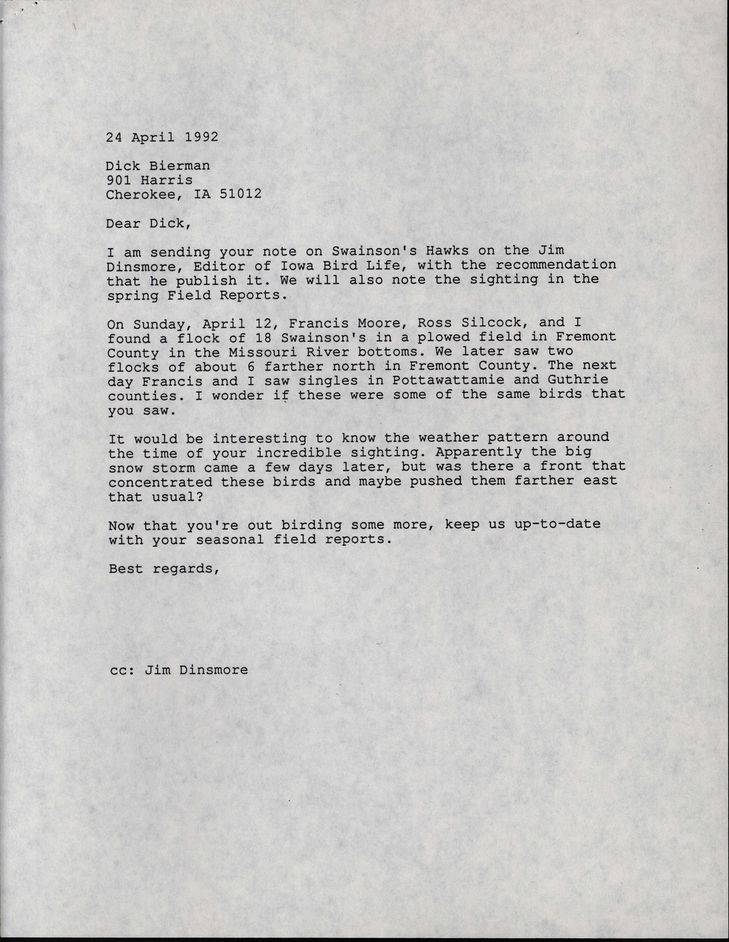 Thomas H. Kent letter to Dick Bierman regarding Swainson's Hawk sightings, April 24, 1992