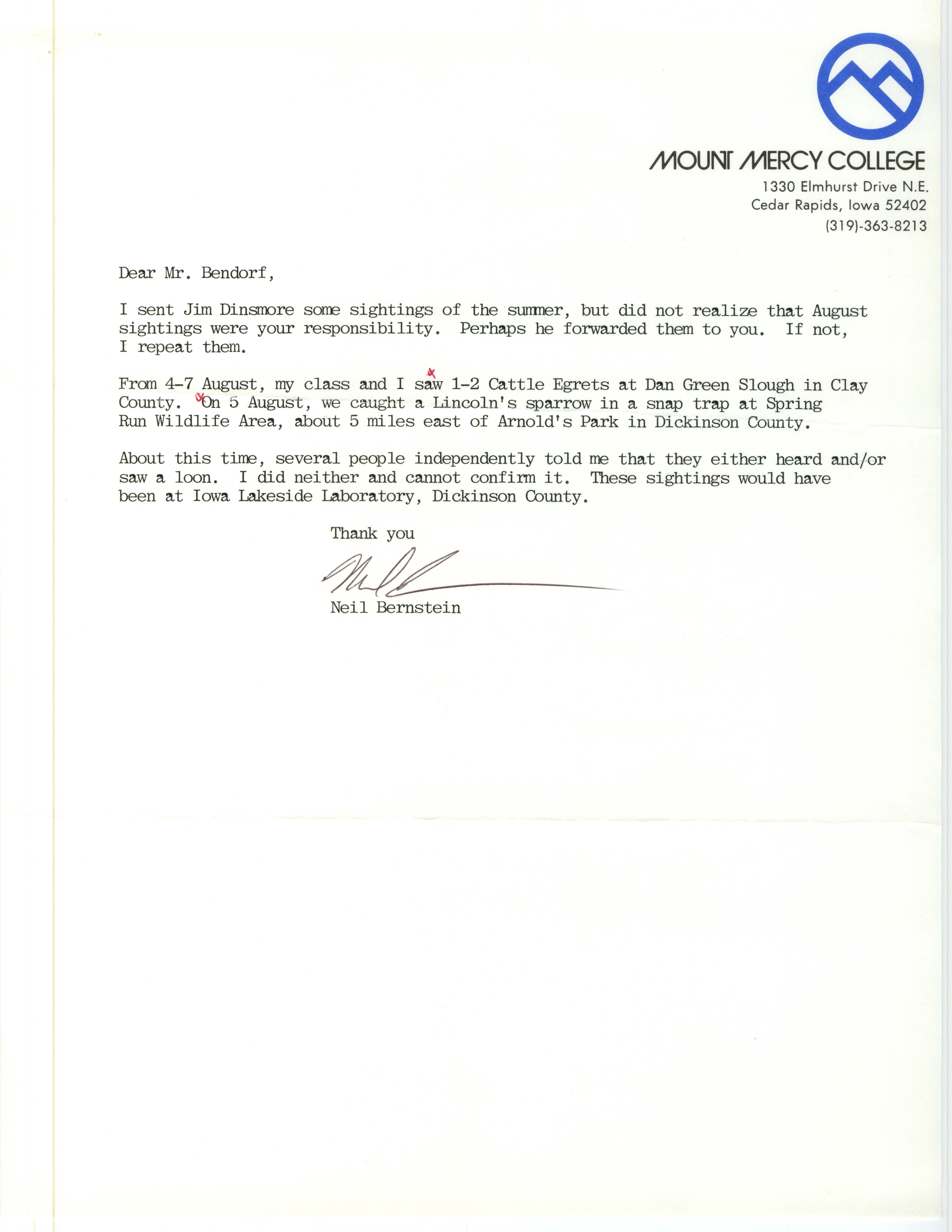 Neil Bernstein letter to Carl J. Bendorf regarding August bird sightings, fall 1987