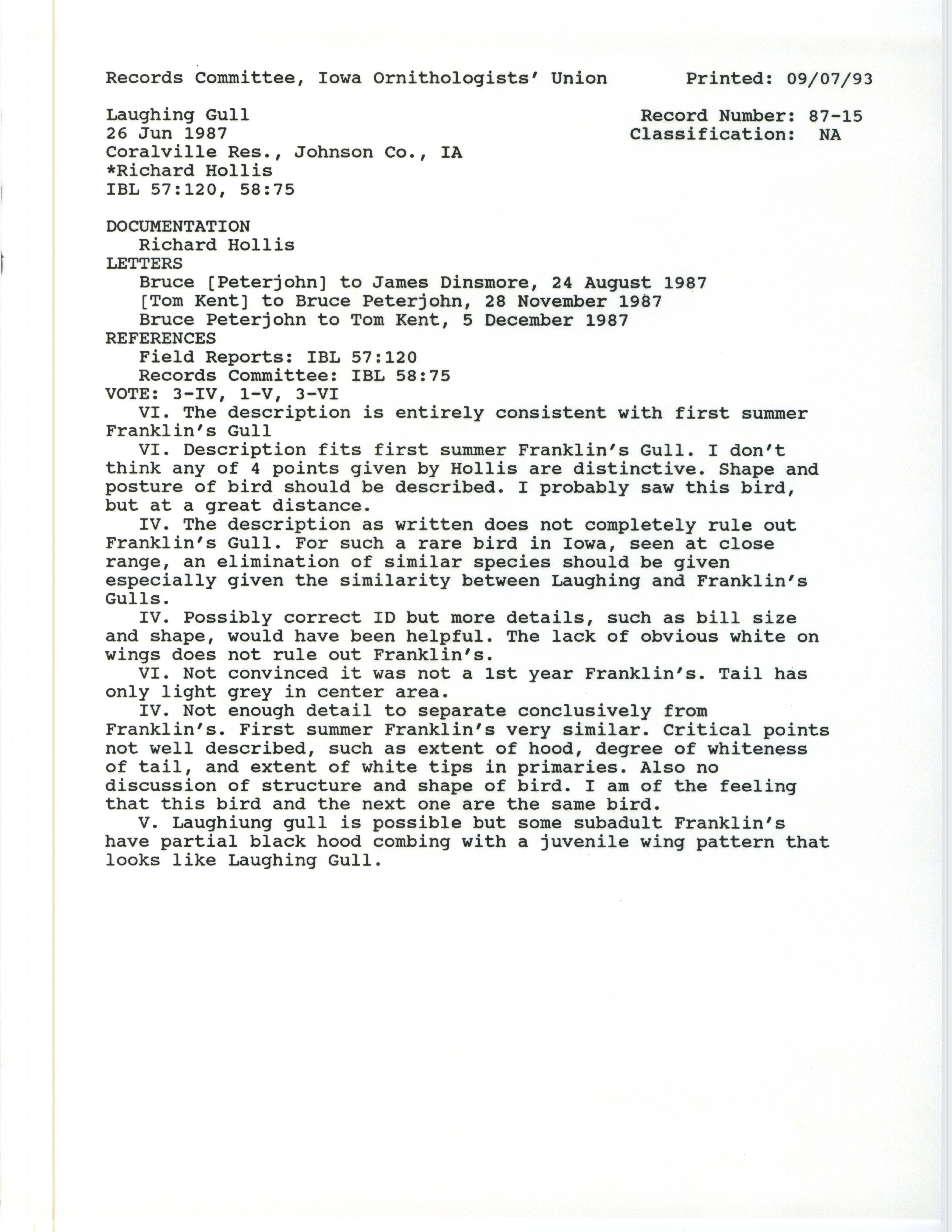 Records Committee review for rare bird sighting of Laughing Gull at Hawkeye Wildlife Area, 1987