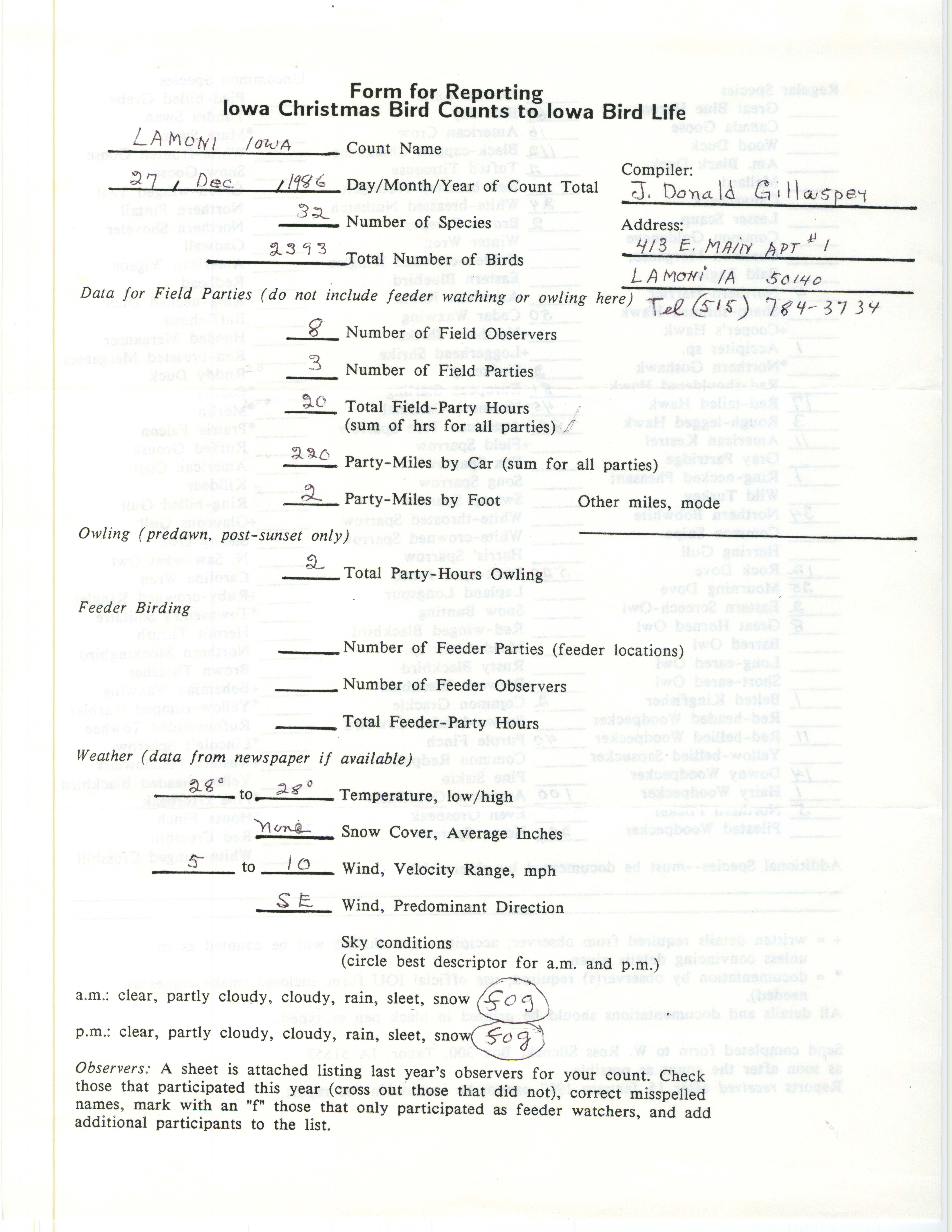 Form for reporting Iowa Christmas bird counts to Iowa Bird Life, J. Donald Gillaspey, December 27, 1986