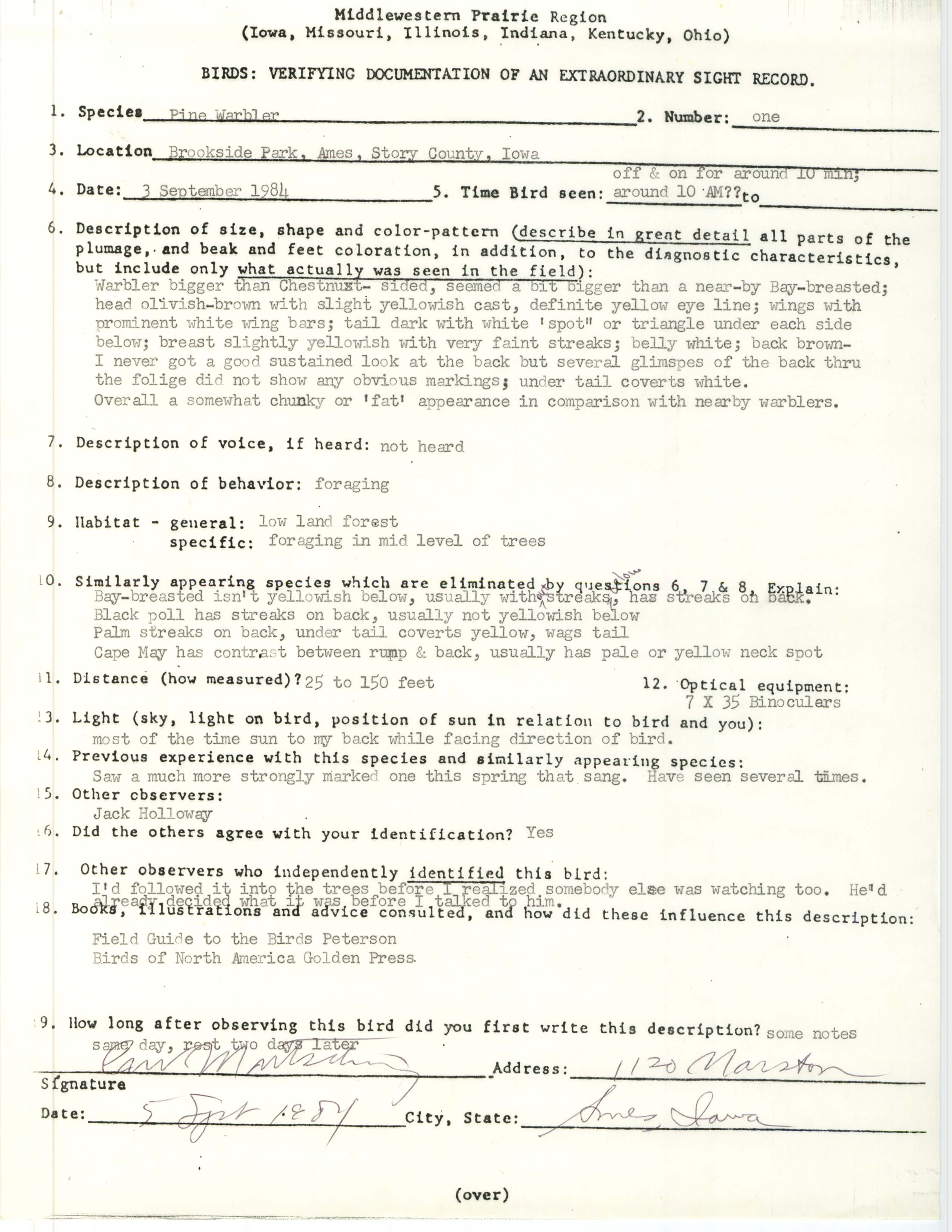 Rare bird documentation form for Pine Warbler at Brookside Park in Ames in 1984