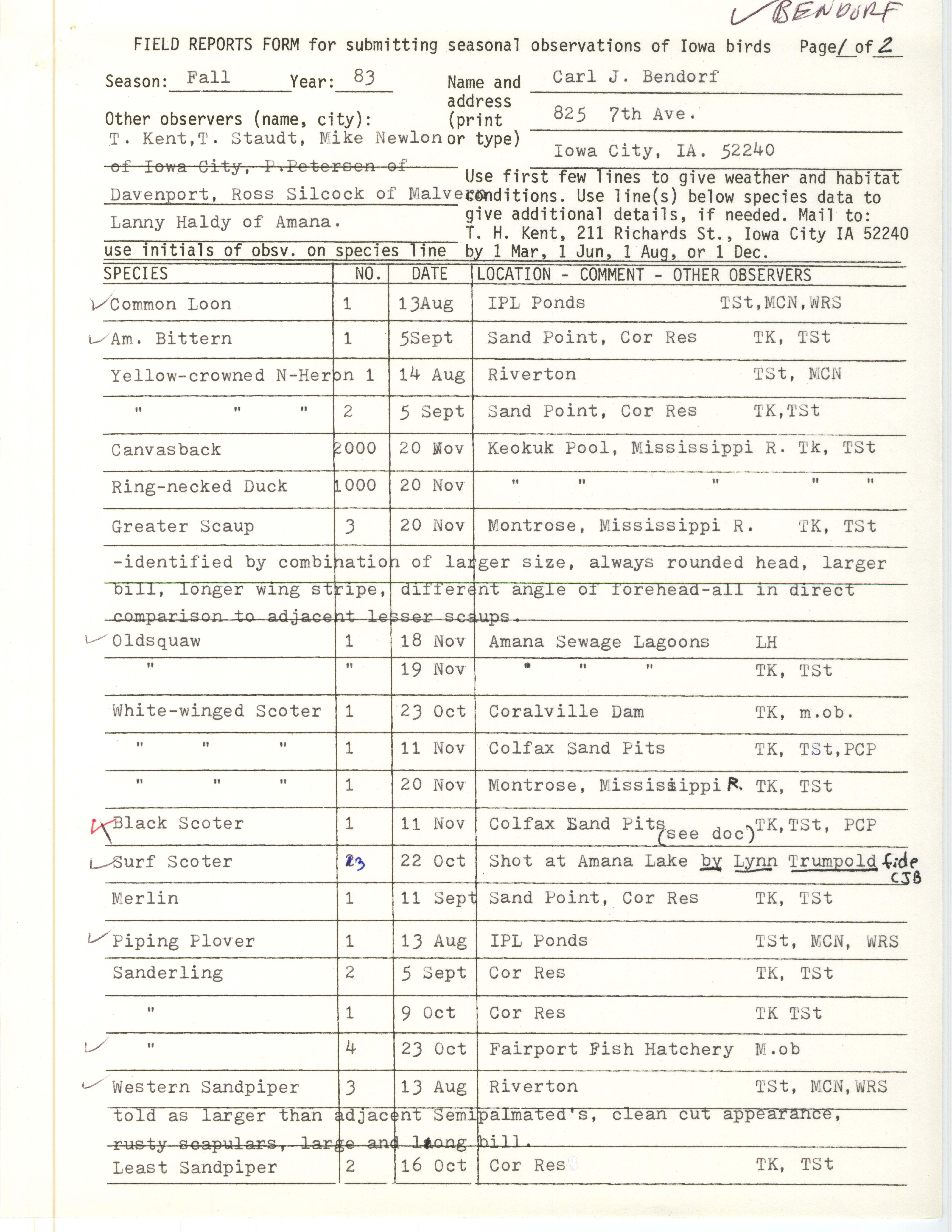 Field reports form for submitting seasonal observations of Iowa birds, Carl Bendorf, fall 1983