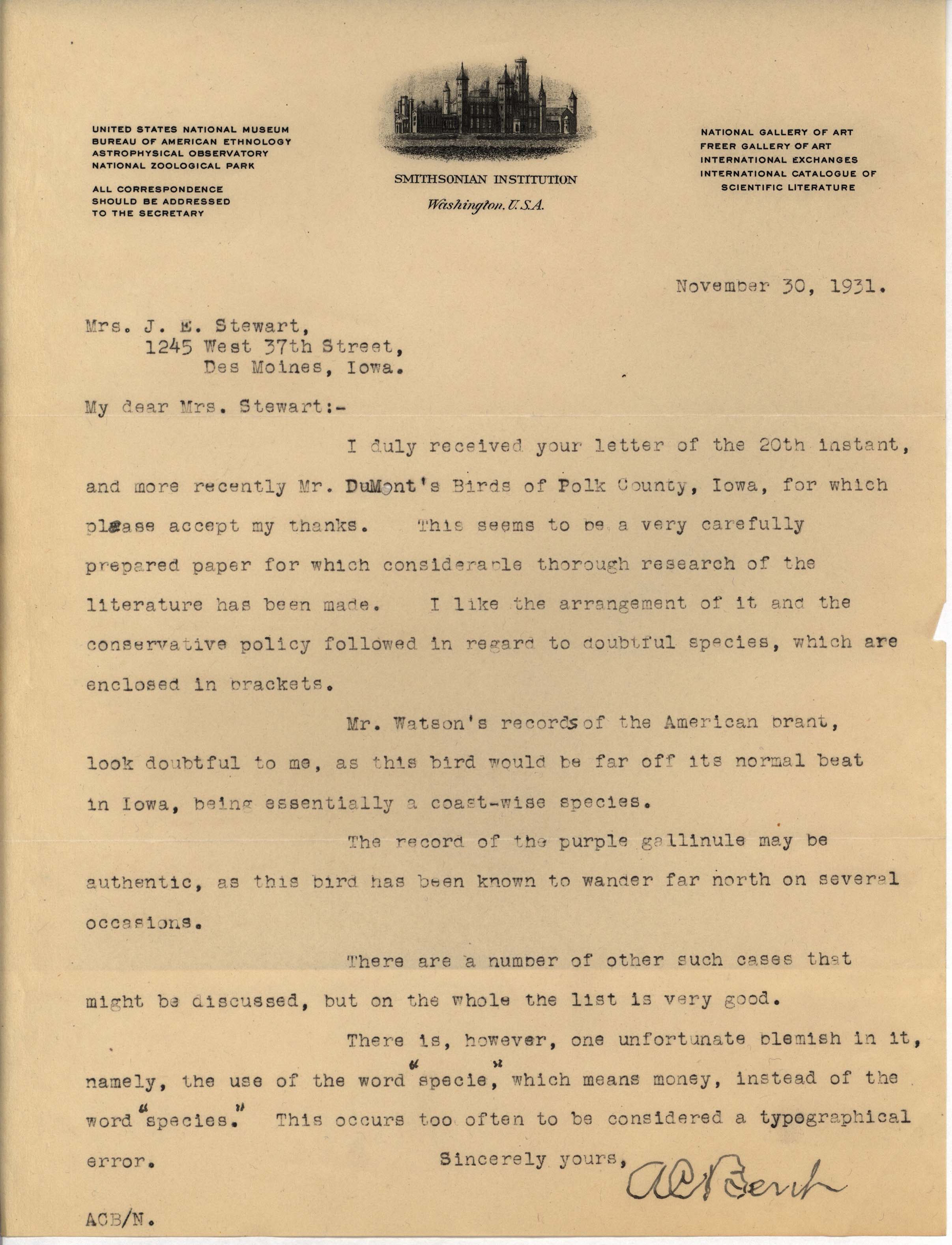 Arthur Bent letter to Mrs. J. E. Stewart regarding 