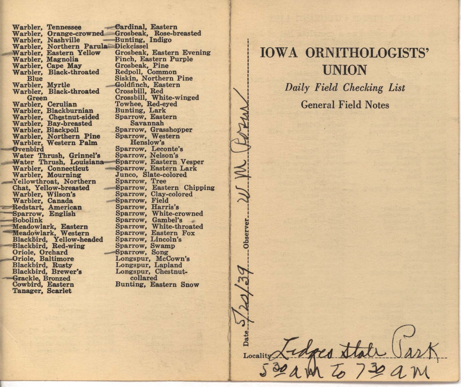 Daily field checking list by Walter Rosene, May 20, 1939