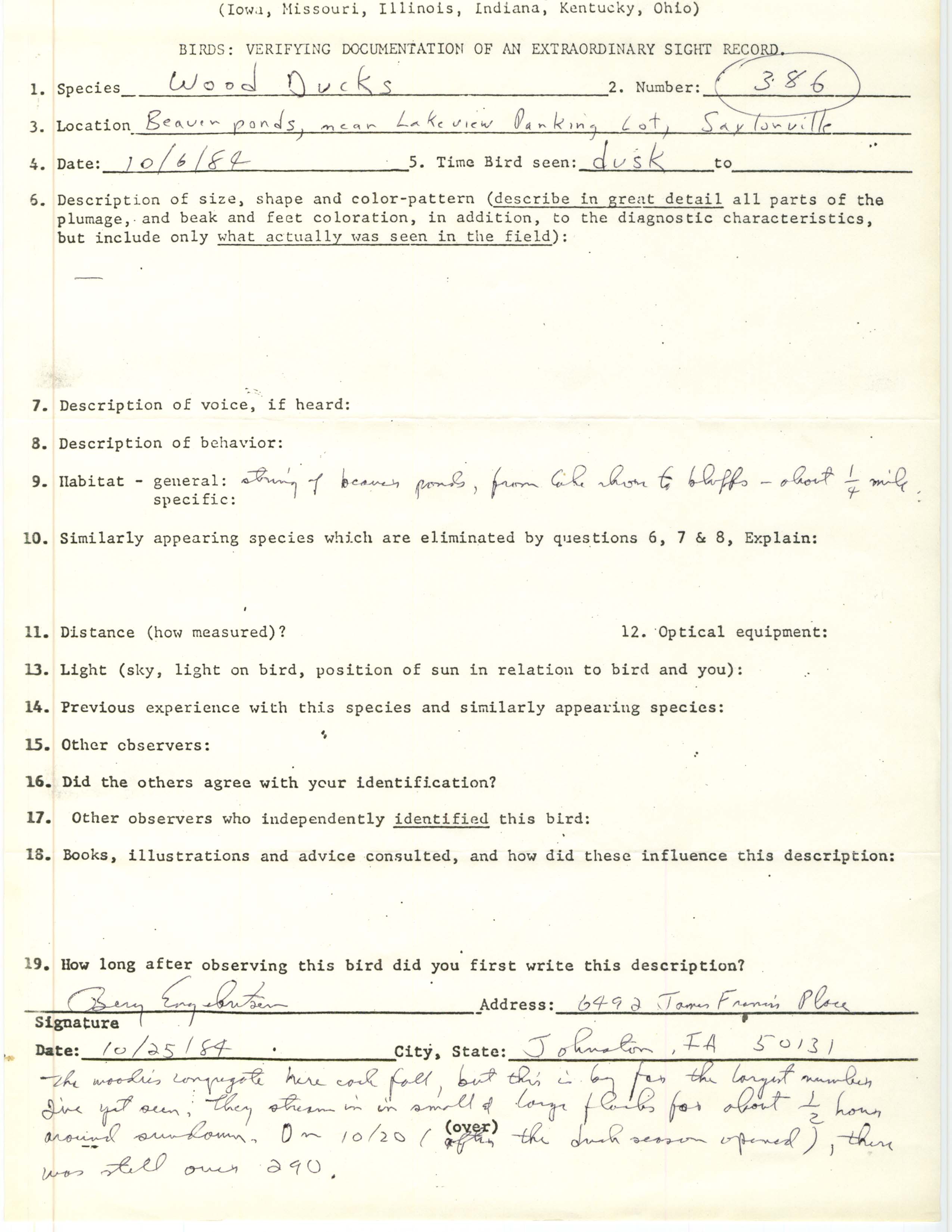 Rare bird documentation form for Wood Duck at Lakeview Recreation Area at Saylorville Lake in 1984