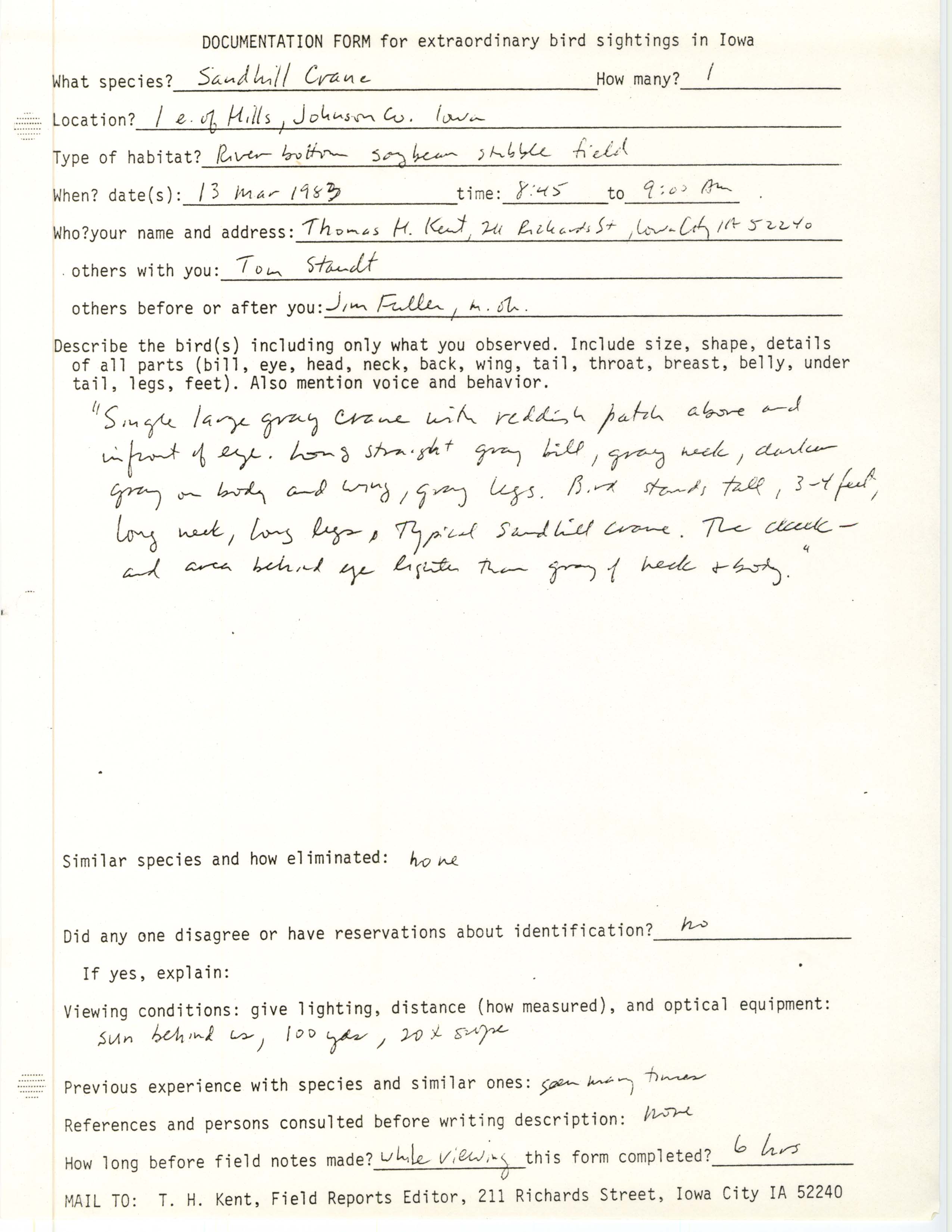 Rare bird documentation form for Sandhill Crane east of Hills, 1983