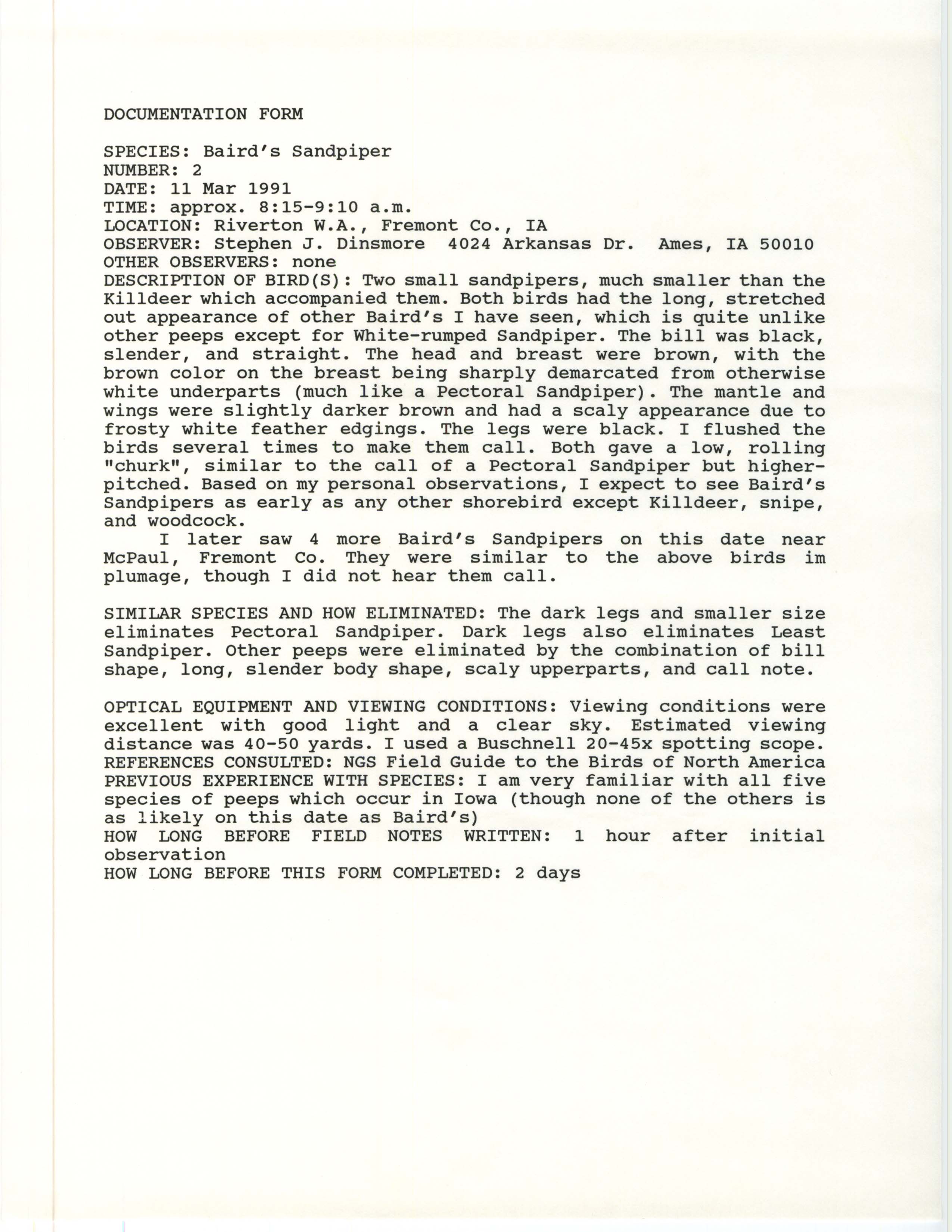Rare bird documentation form for Baird's Sandpiper at Riverton Wildlife Area, 1991