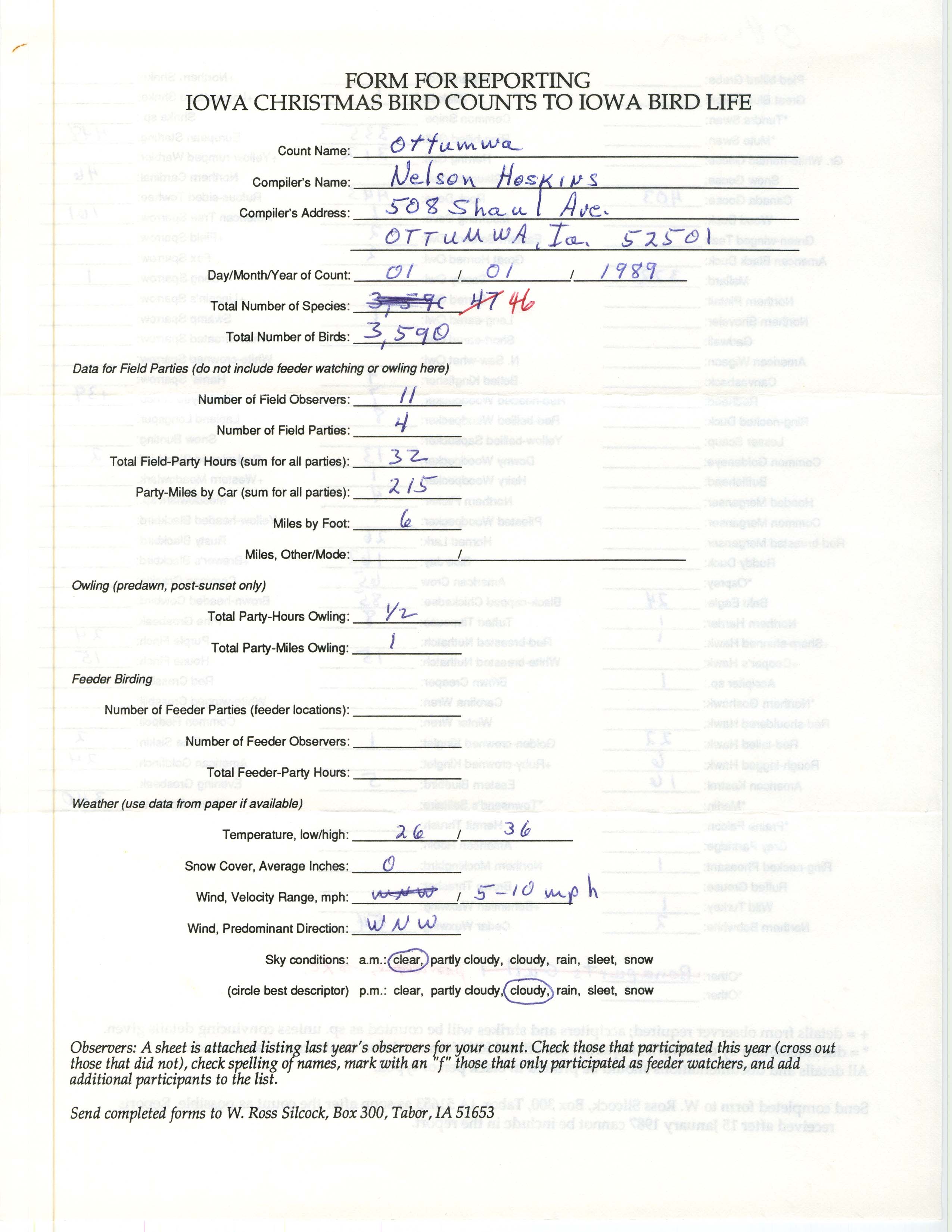 Form for reporting Iowa Christmas bird counts to Iowa Bird Life, Nelson R. Hoskins, January 1, 1989