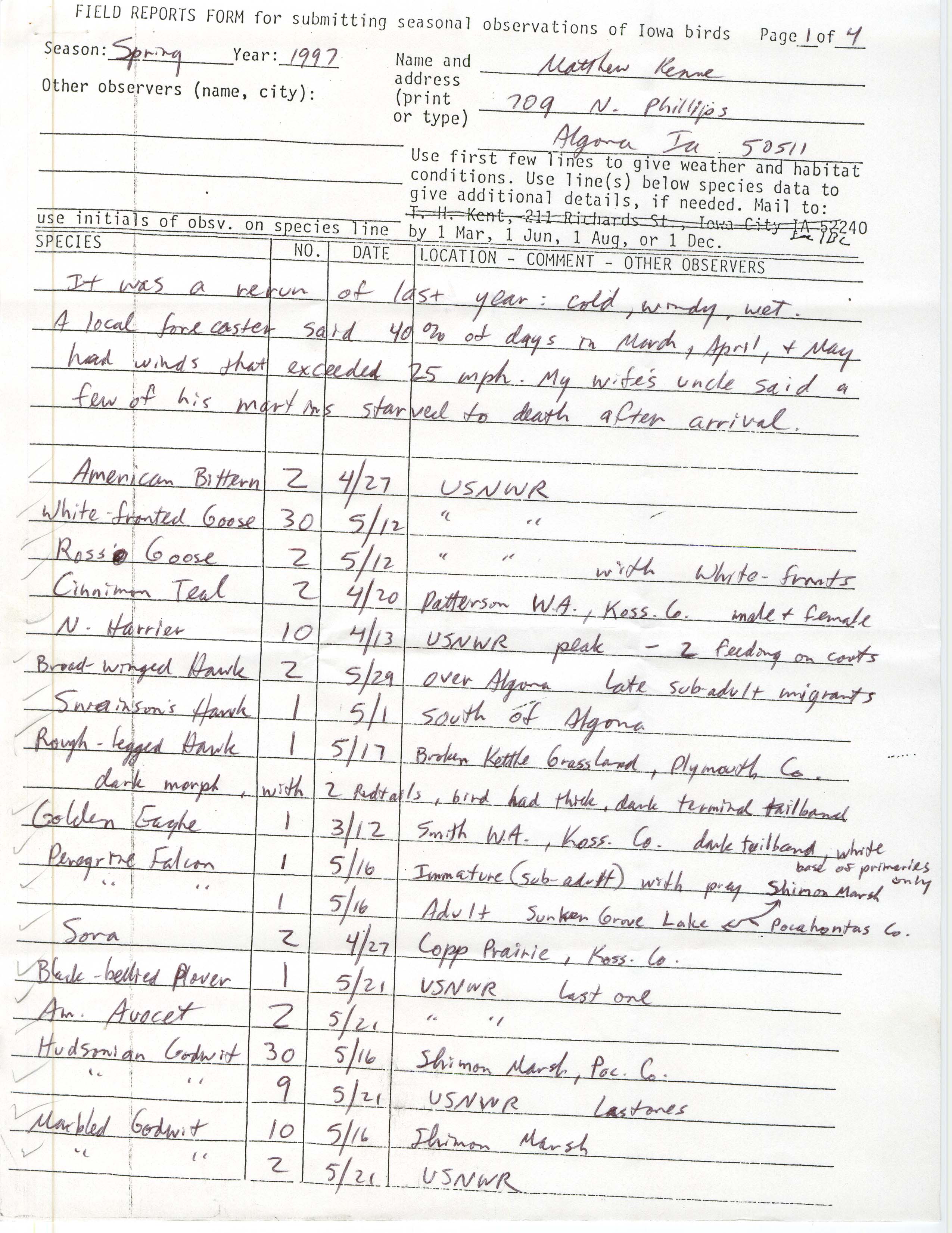 Field reports form for submitting seasonal observations of Iowa birds, Matthew Kenne, spring 1997