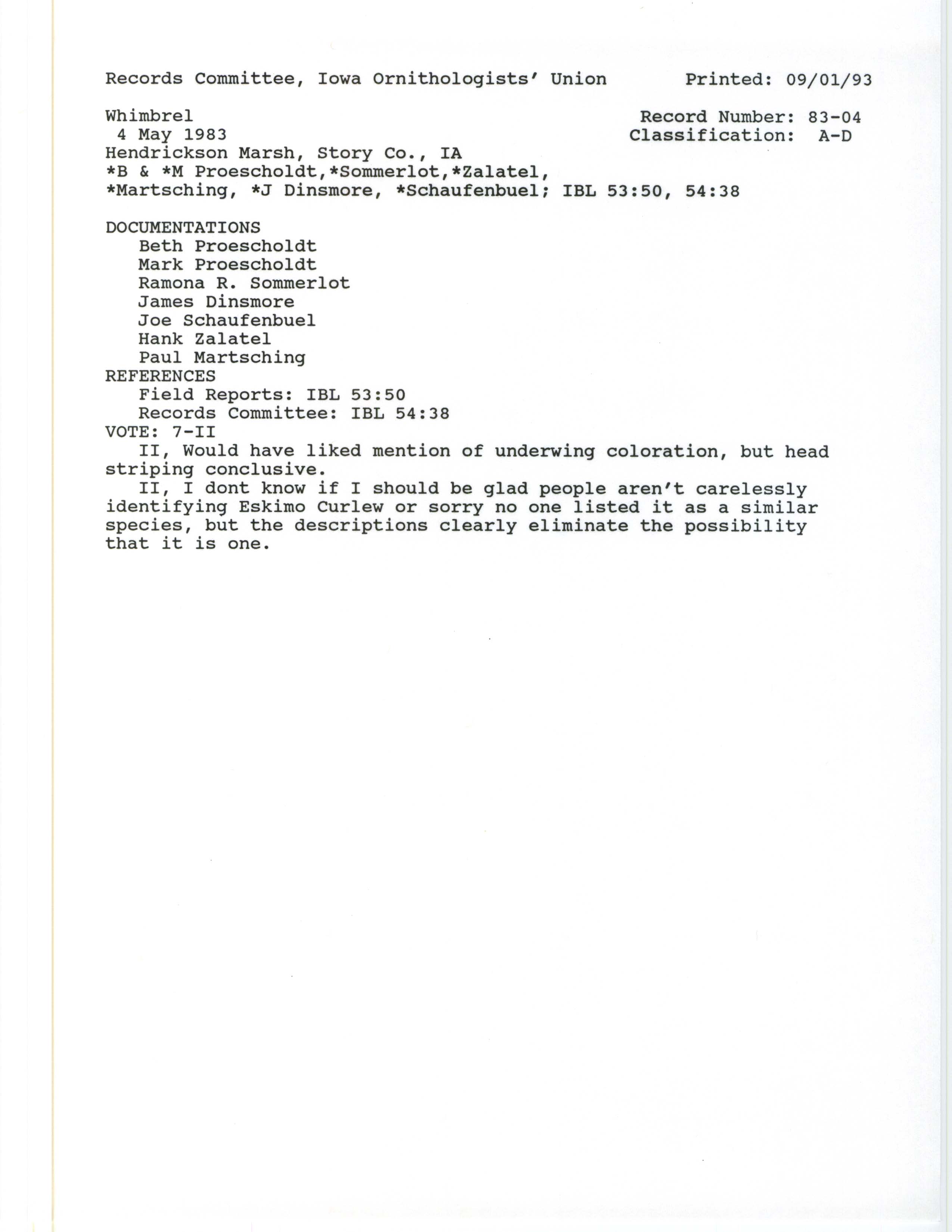Records Committee review for rare bird sighting of Whimbrel at Hendrickson Marsh, 1983