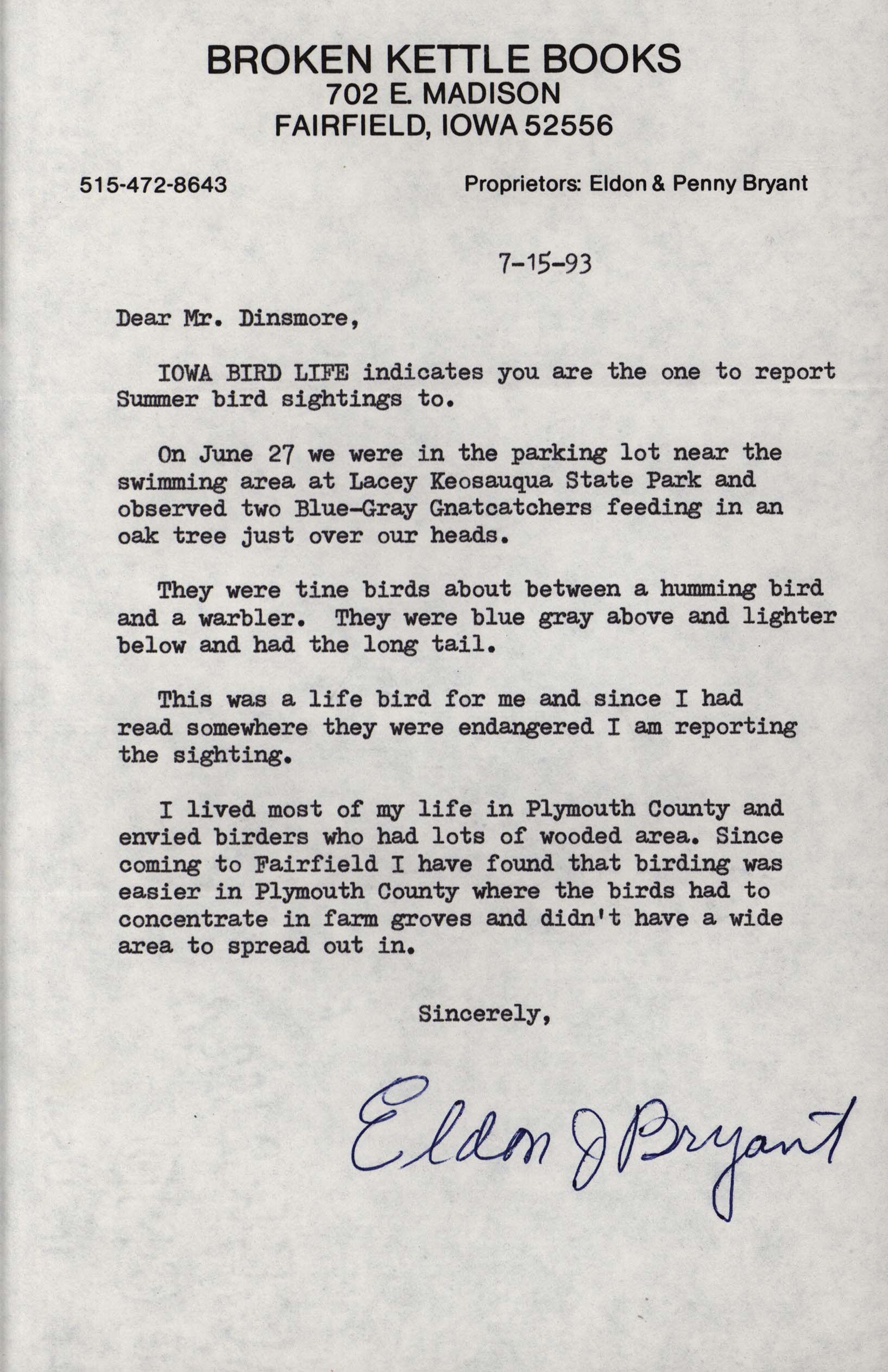 Eldon J. Bryant letter to James J. Dinsmore regarding a Blue-Gray Gnatcatcher sighting, July 15, 1993