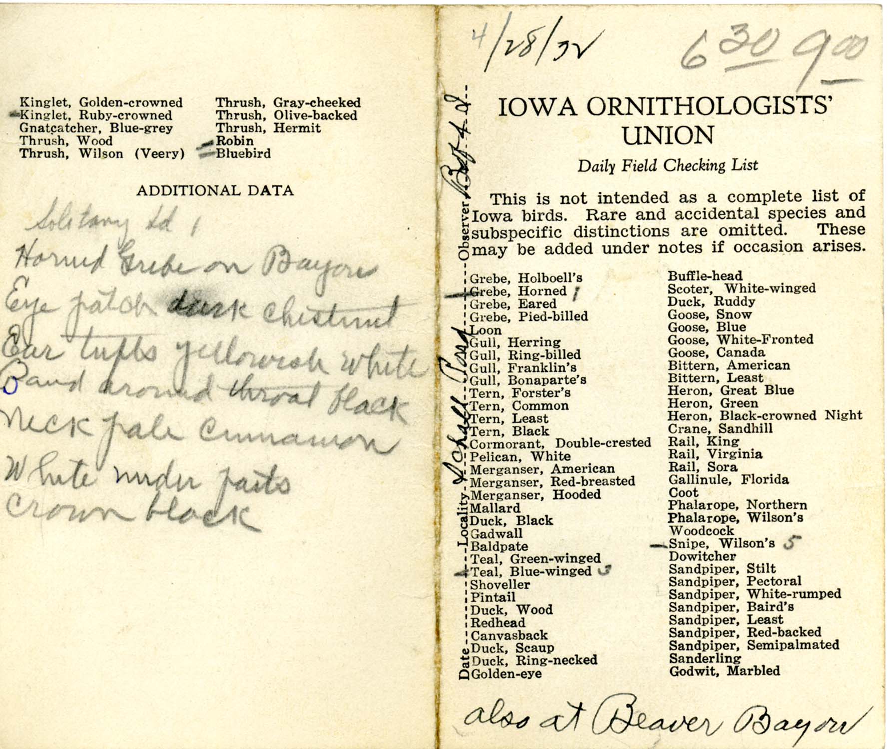 Daily field checking list, Walter Rosene, April 28, 1932