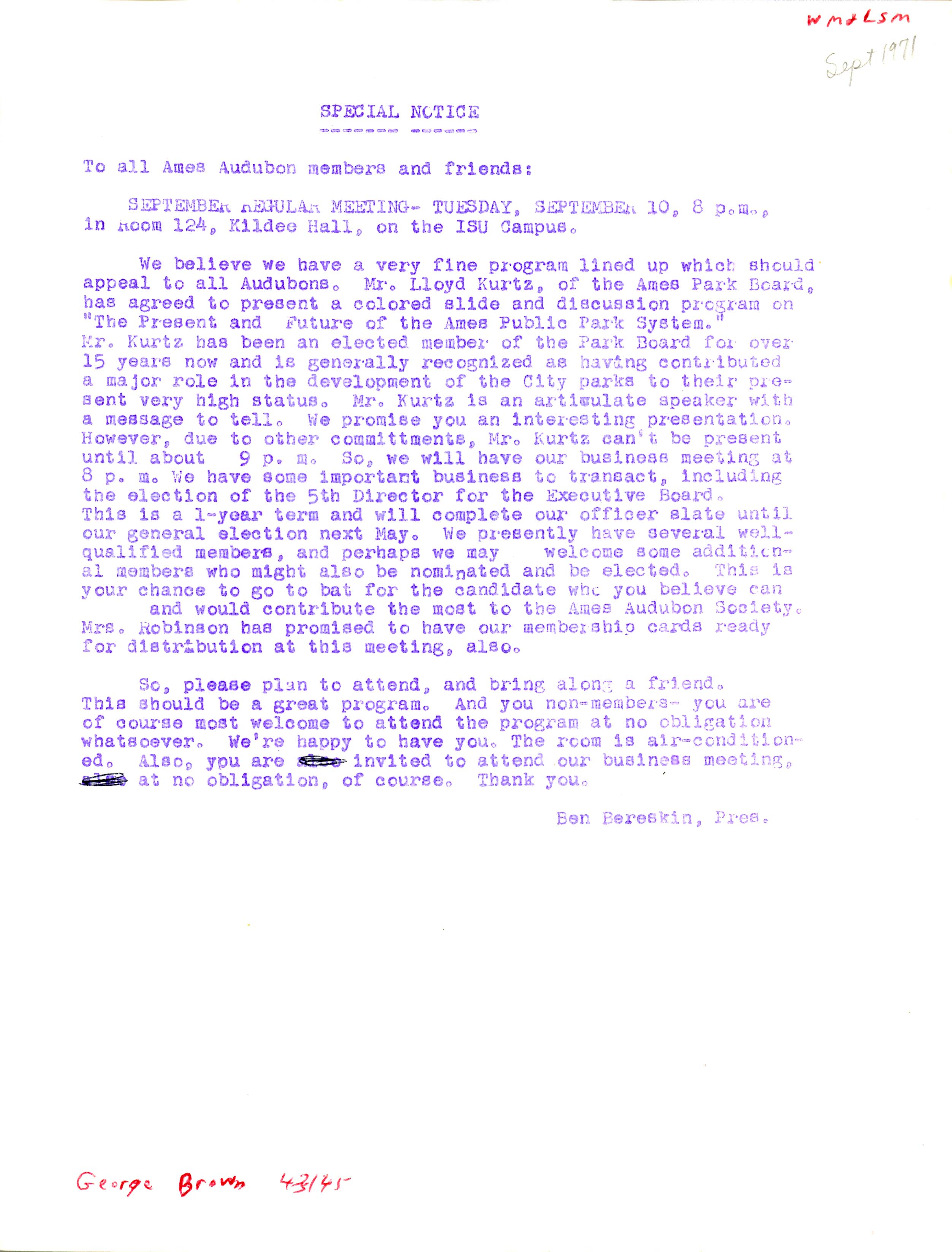 Ben Bereskin letter to Ames Audubon Society members and friends regarding the September meeting and program, September 1971