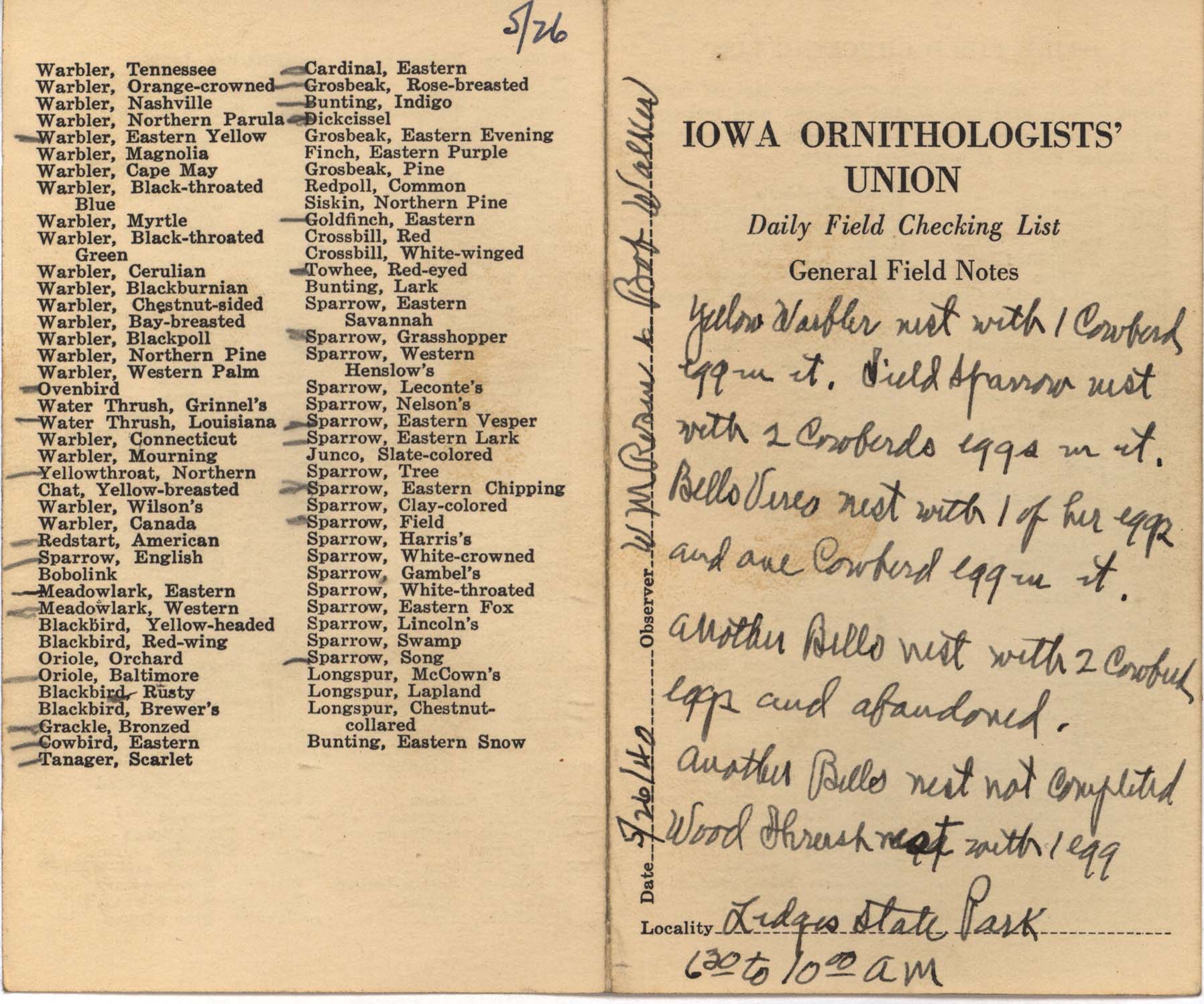 Daily field checking list by Walter Rosene, May 26, 1940