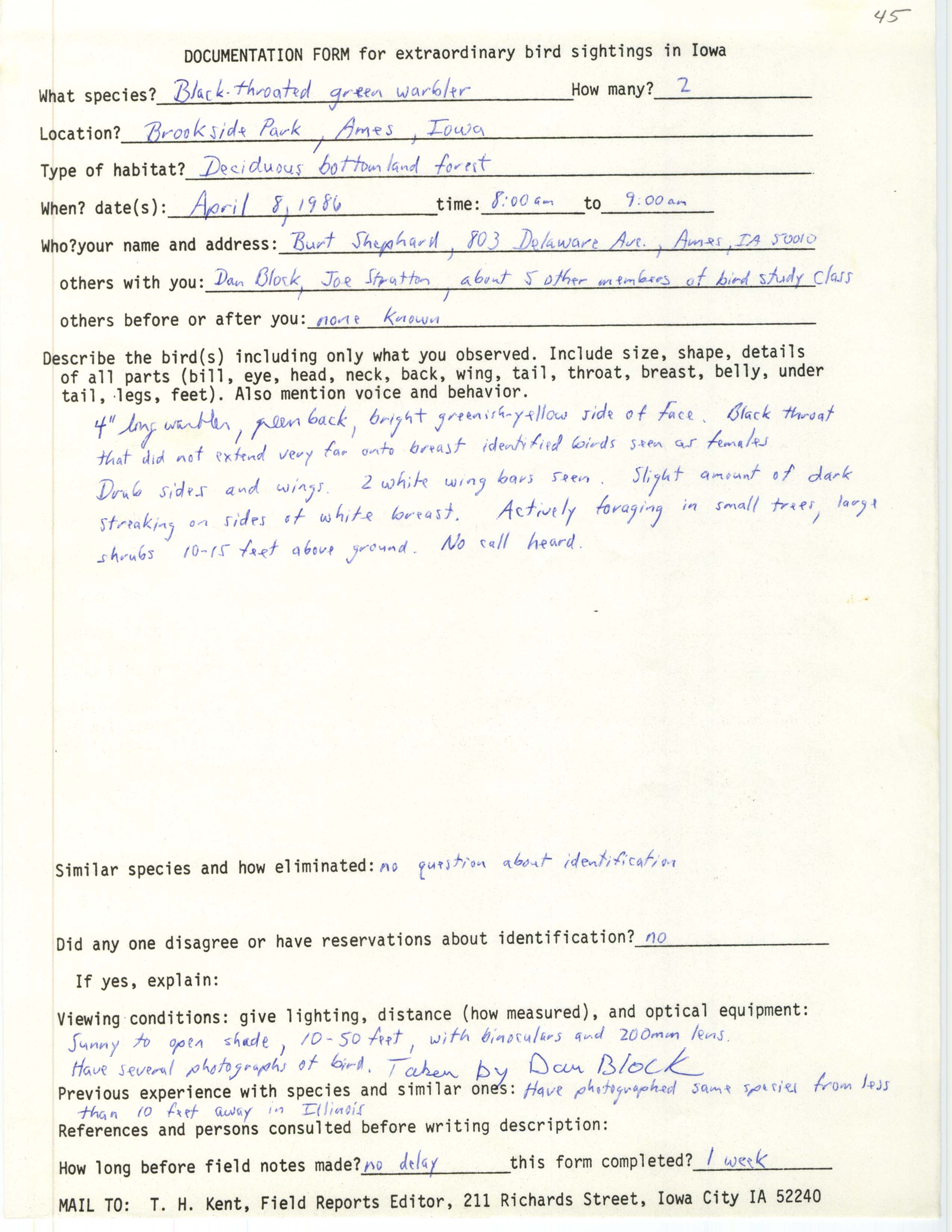 Rare bird documentation form for Black-throated Green Warbler at Brookside Park in Ames, 1986