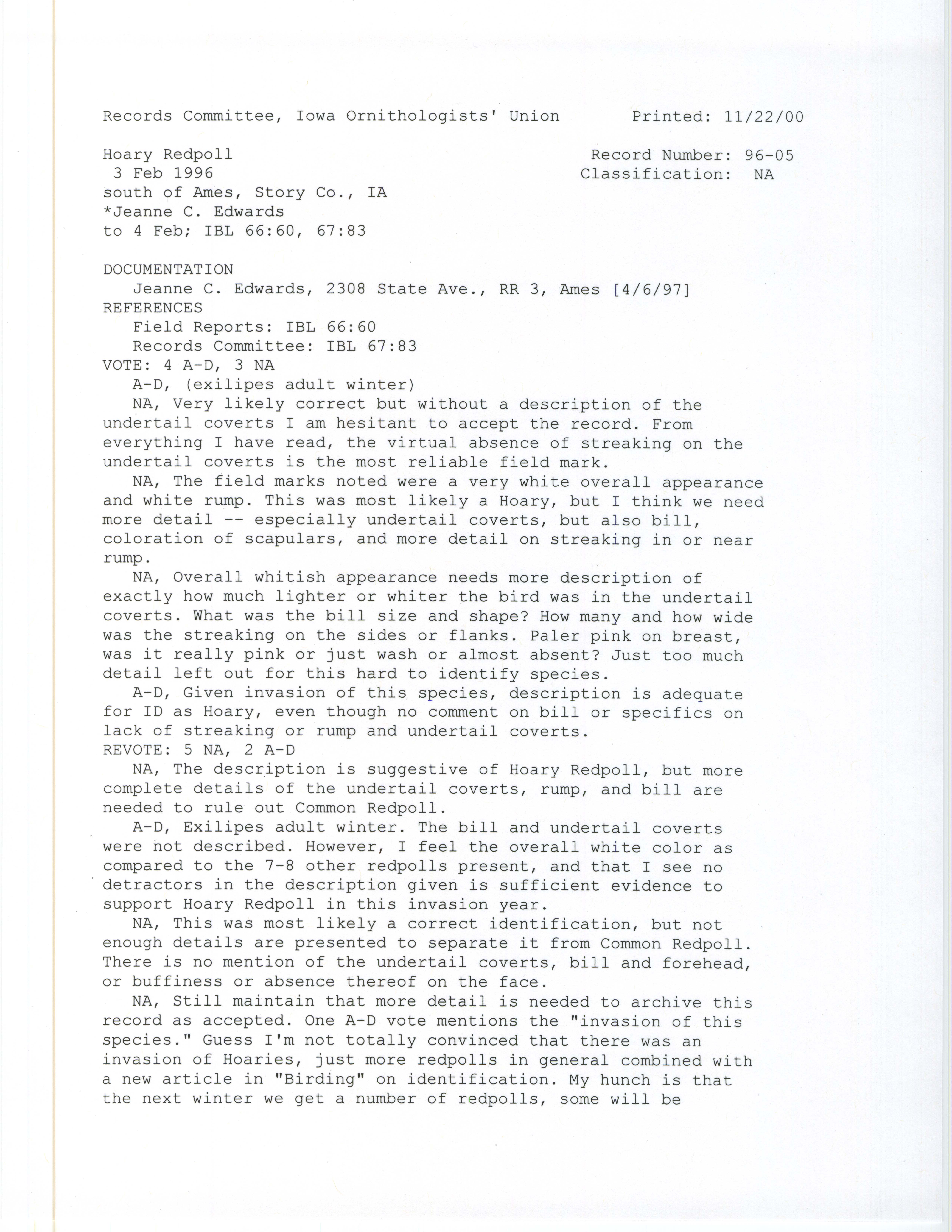 Records Committee review for rare bird sighting for Hoary Redpoll at Ames, 1996
