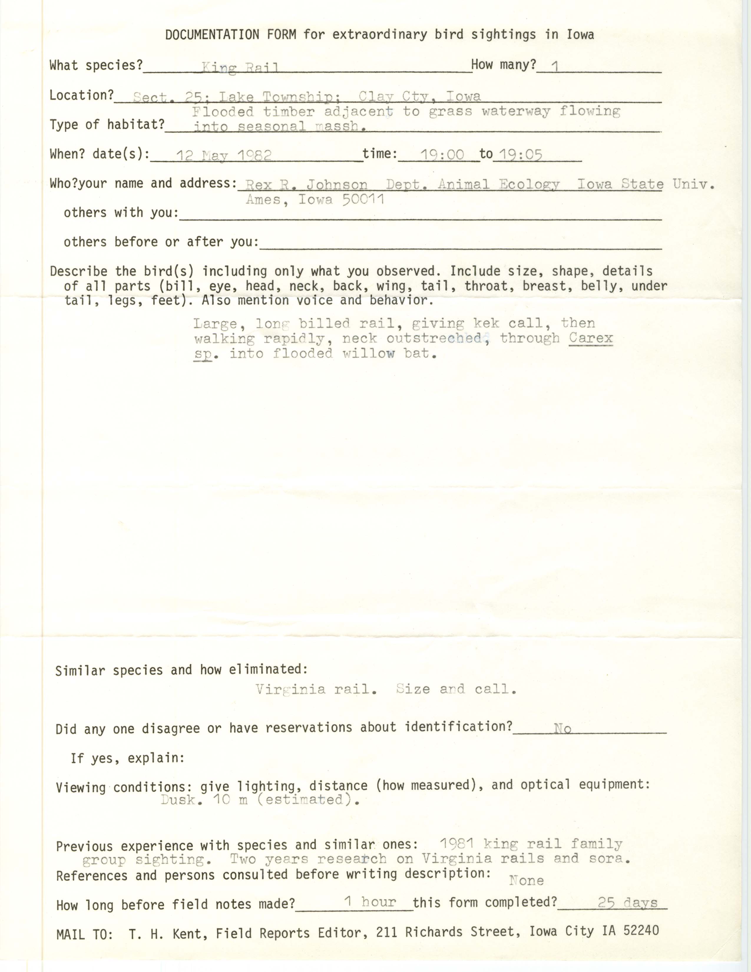 Rare bird documentation form for King Rail at Lake Township in Clay County, 1982
