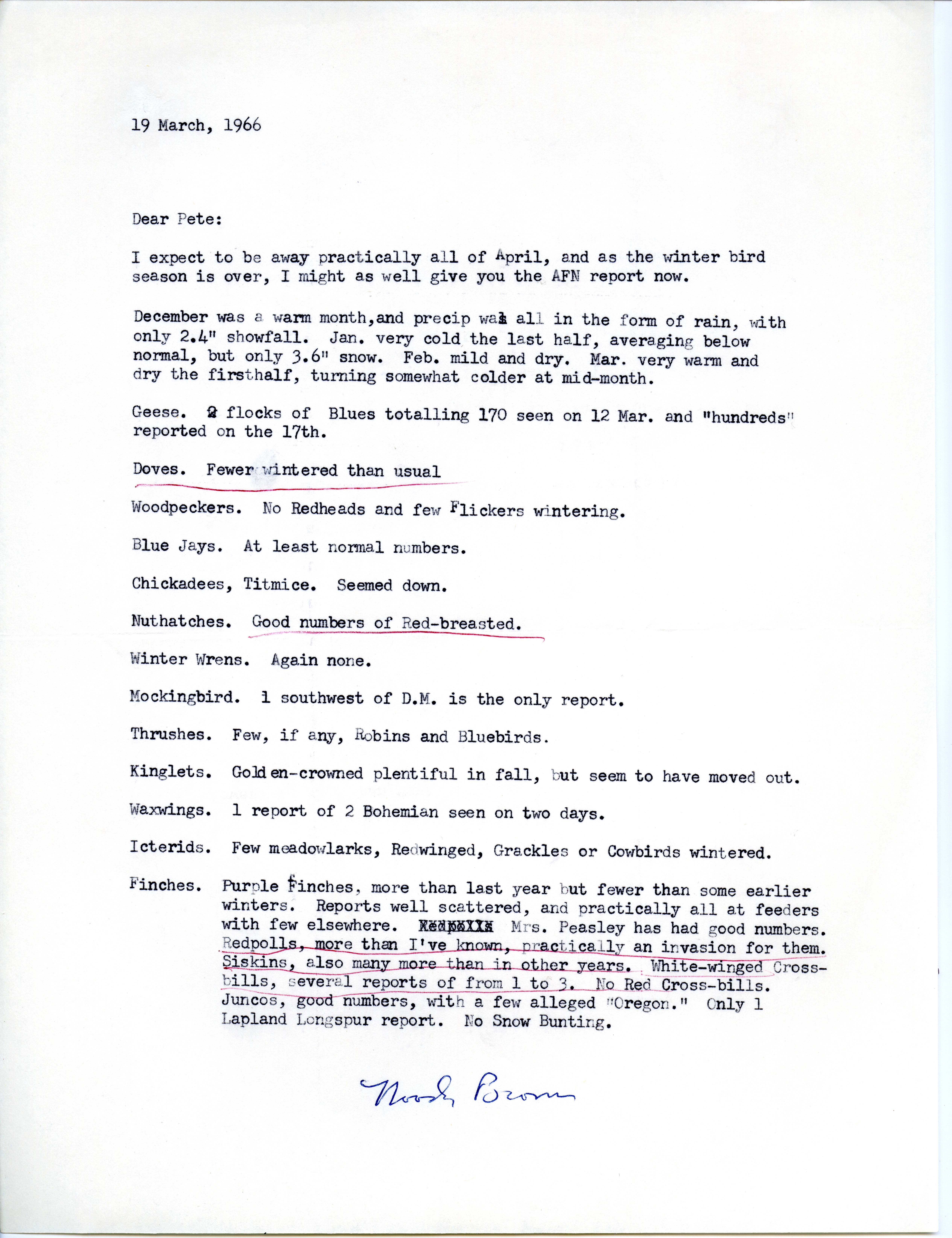 Woodward H. Brown letter to Peter C. Petersen regarding winter migration, March 19, 1966