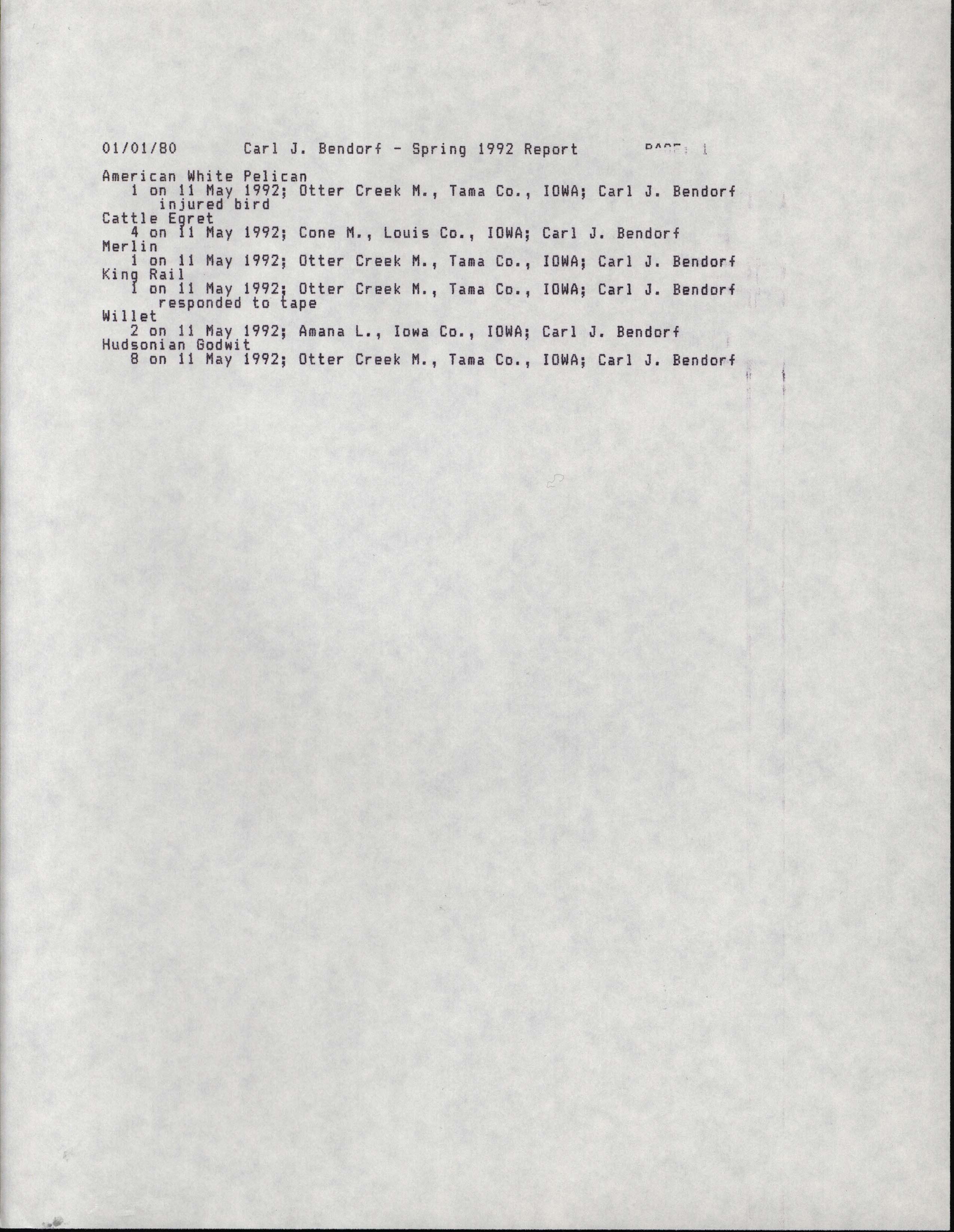 Field notes contributed by Carl J. Bendorf, spring 1992