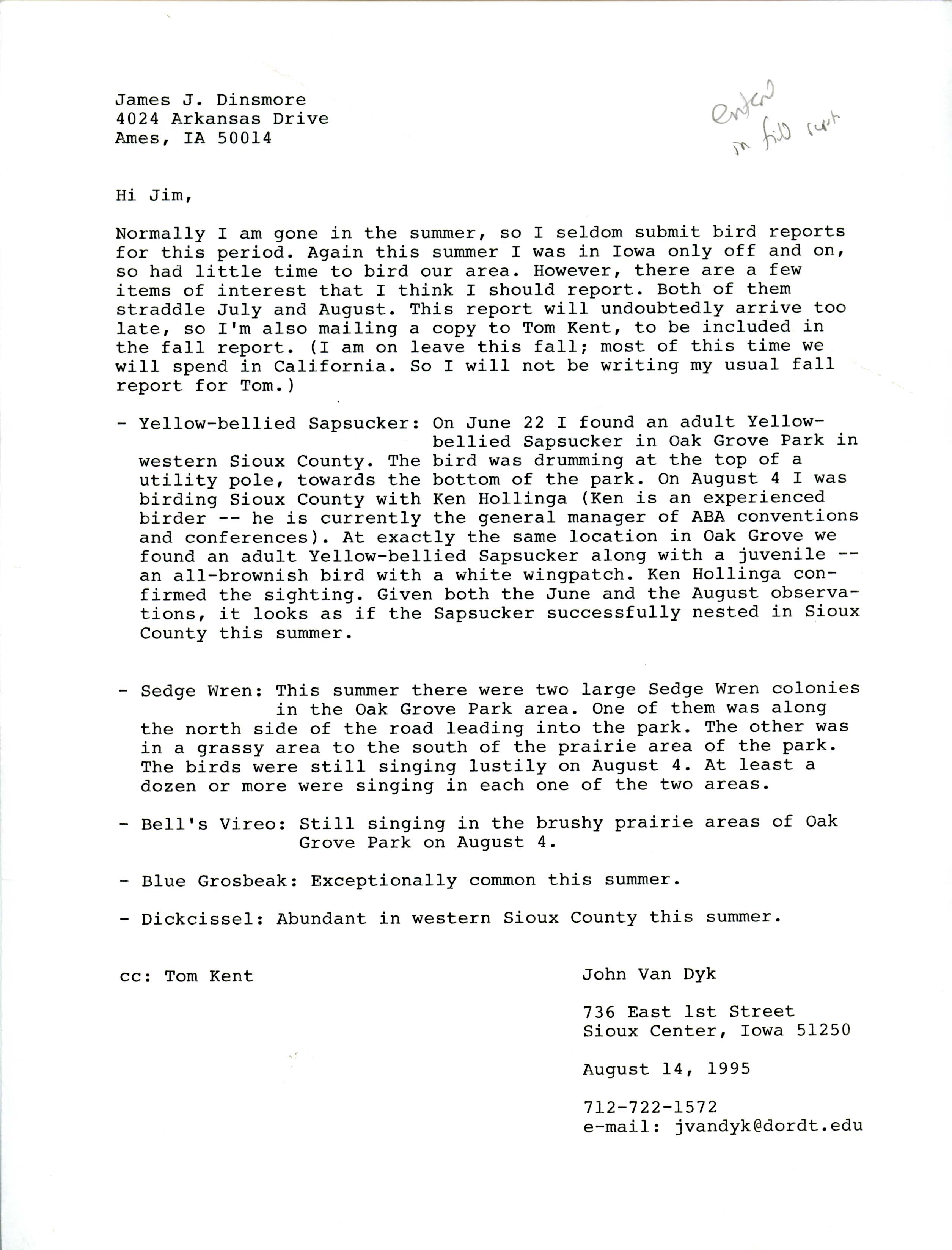 John Van Dyk letter to Jim Dinsmore regarding summer sightings, August 14, 1995