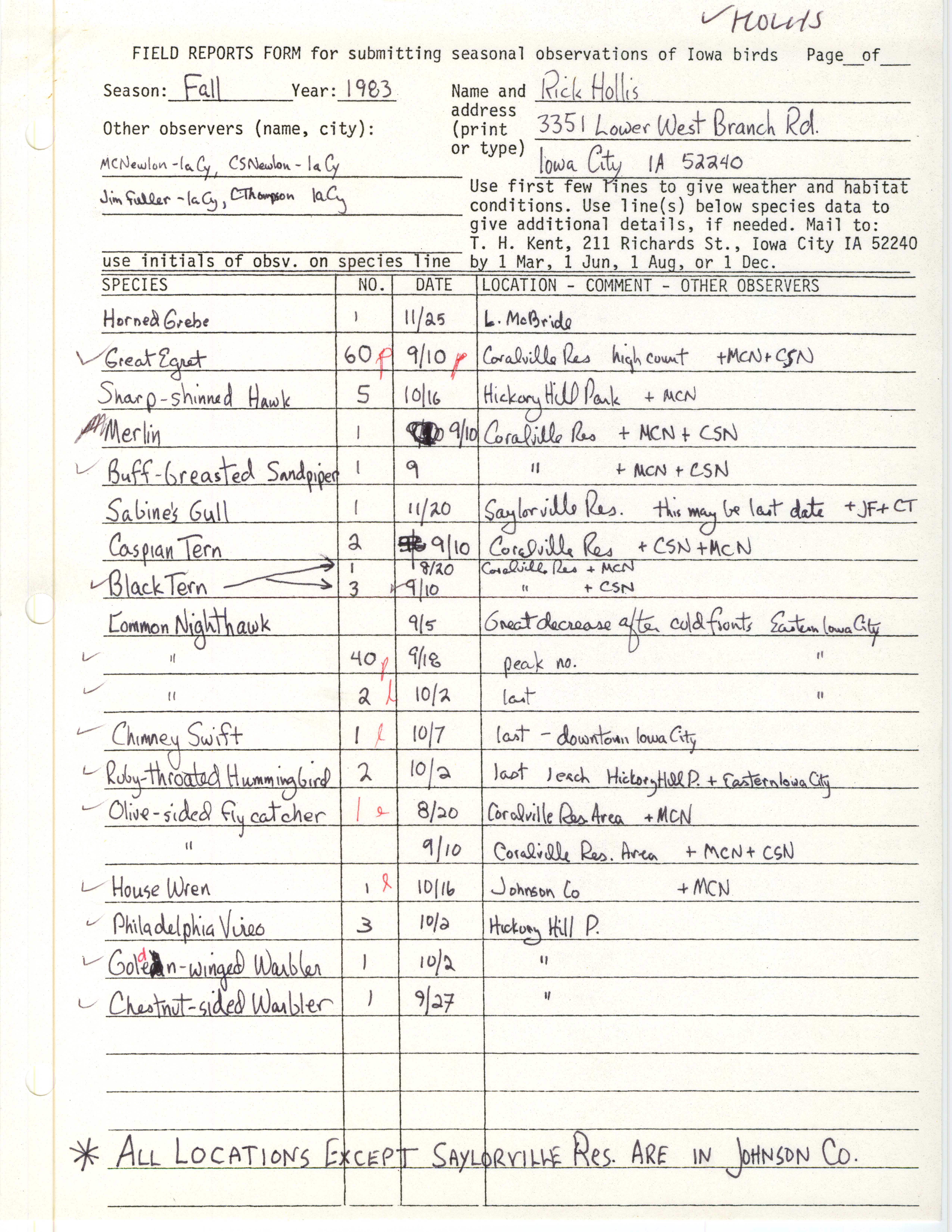 Field reports form for submitting seasonal observations of Iowa birds, Rick Hollis, fall 1983