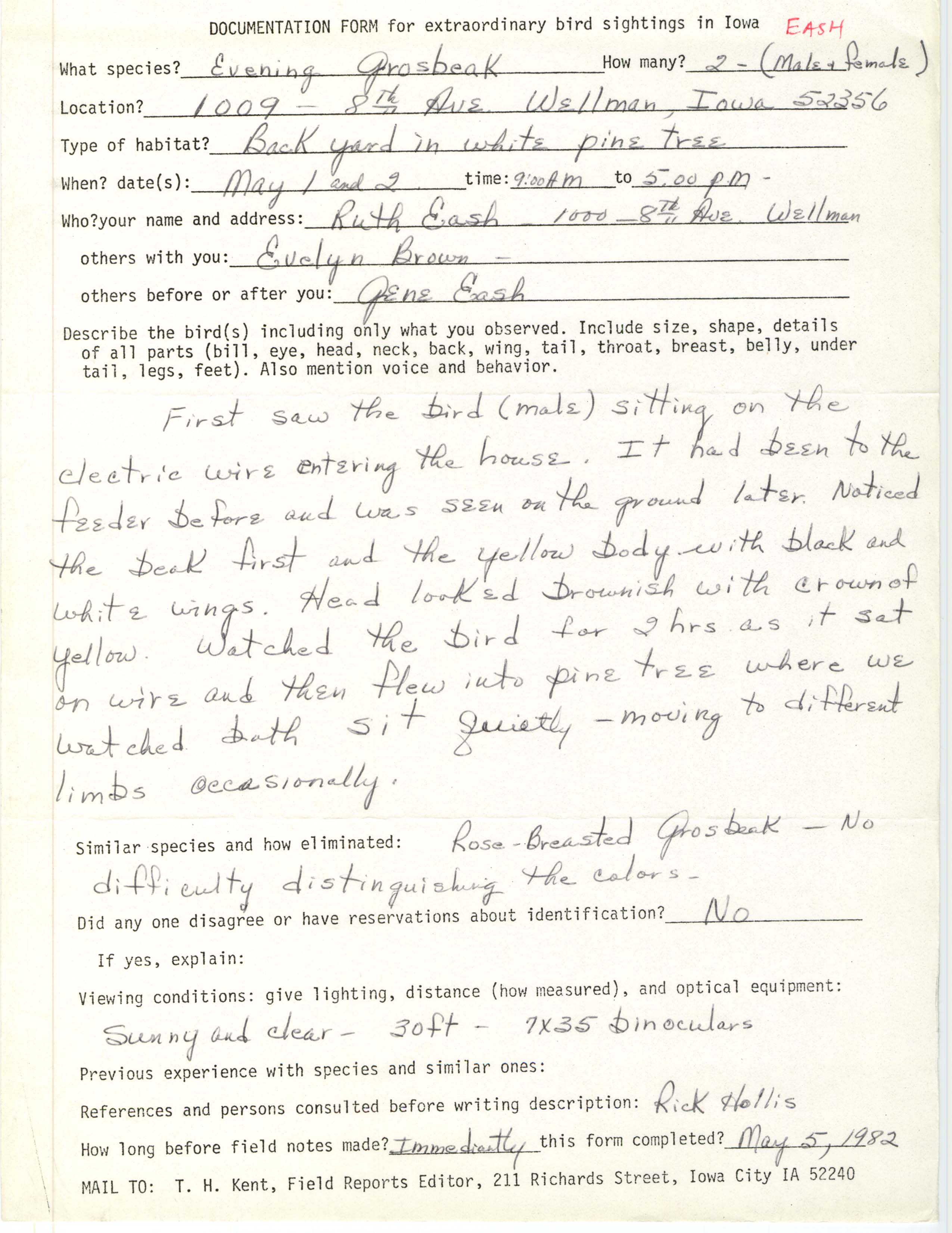 Rare bird documentation form for Evening Grosbeak at Wellman in 1982