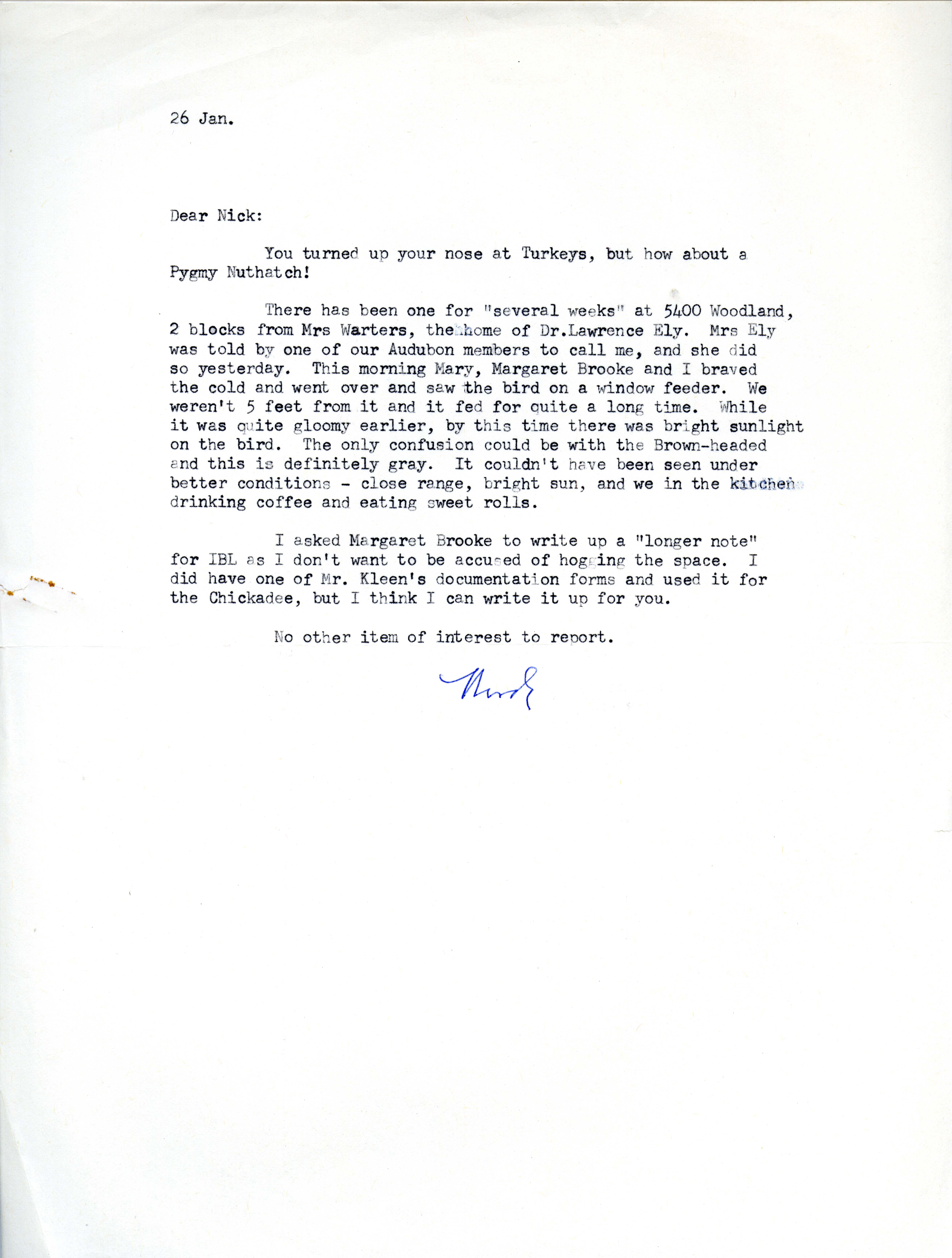 Woodward H. Brown letter to Nicholas S. Halmi regarding bird sighting, January 26, 1977 