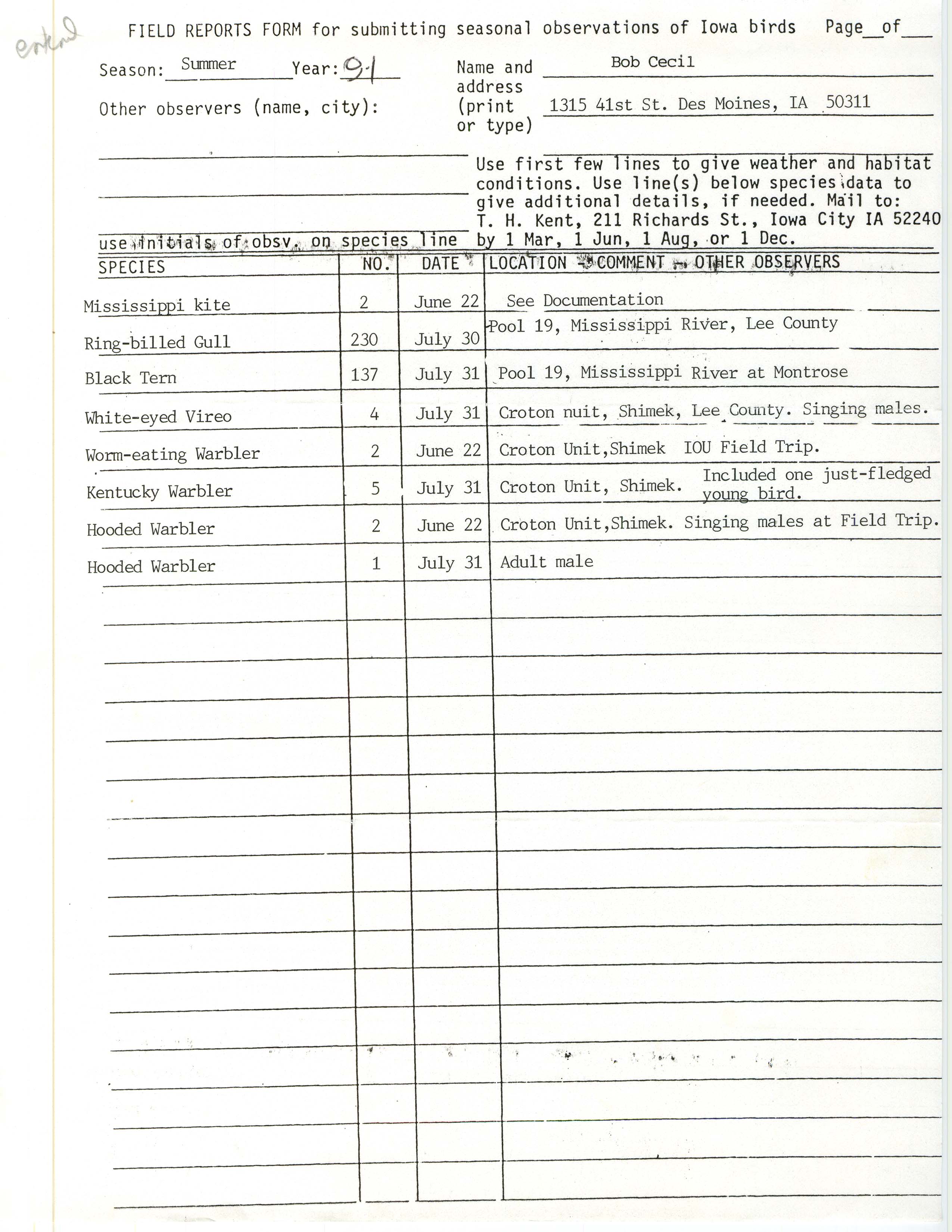 Field reports form for submitting seasonal observations of Iowa birds, Robert I. Cecil, summer 1991