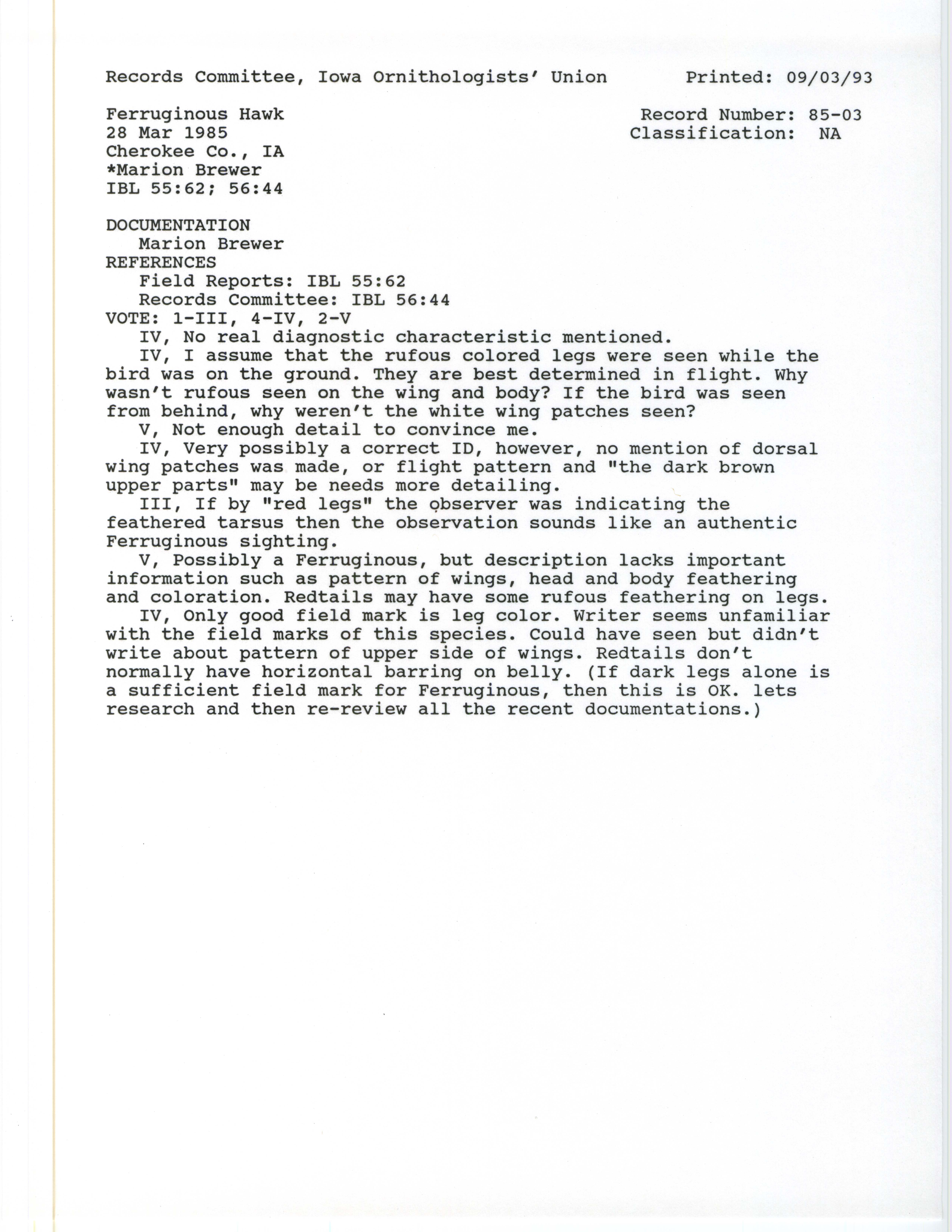 Records Committee review for rare bird sighting of Ferruginous Hawk in Cherokee County, 1985