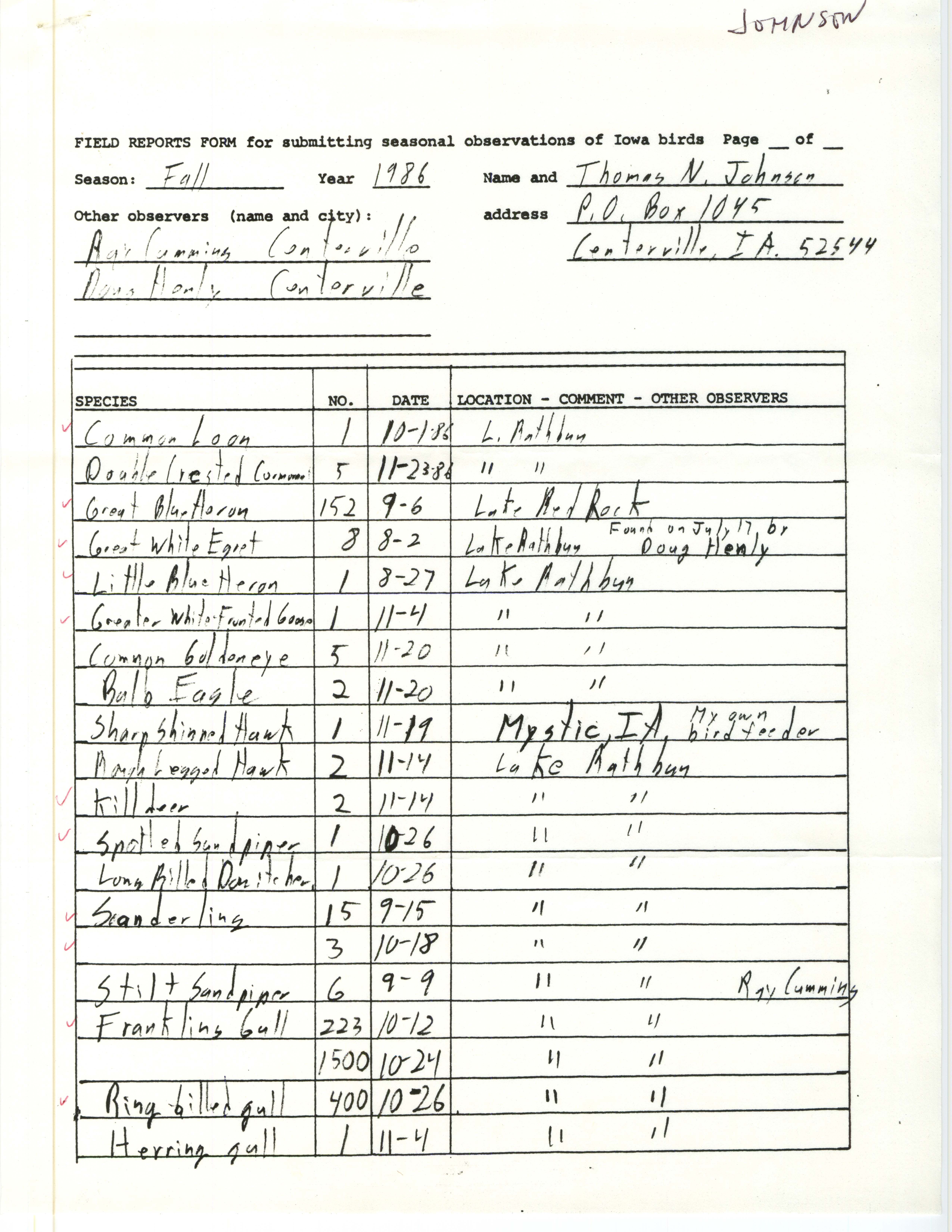 Field reports form for submitting seasonal observations of Iowa birds, Tom Johnson, fall 1986