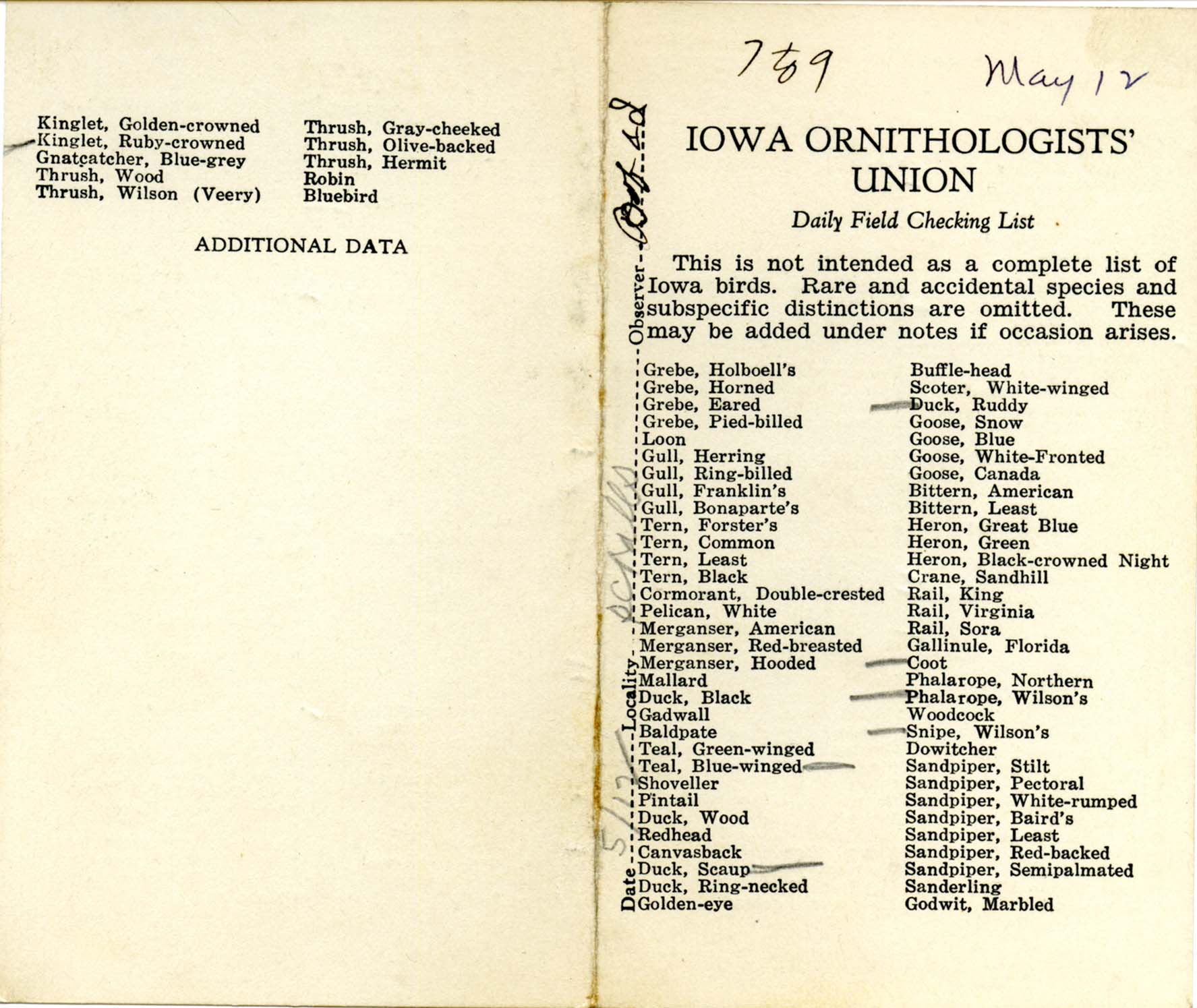 Daily field checking list, Walter Rosene, May 12, 1931