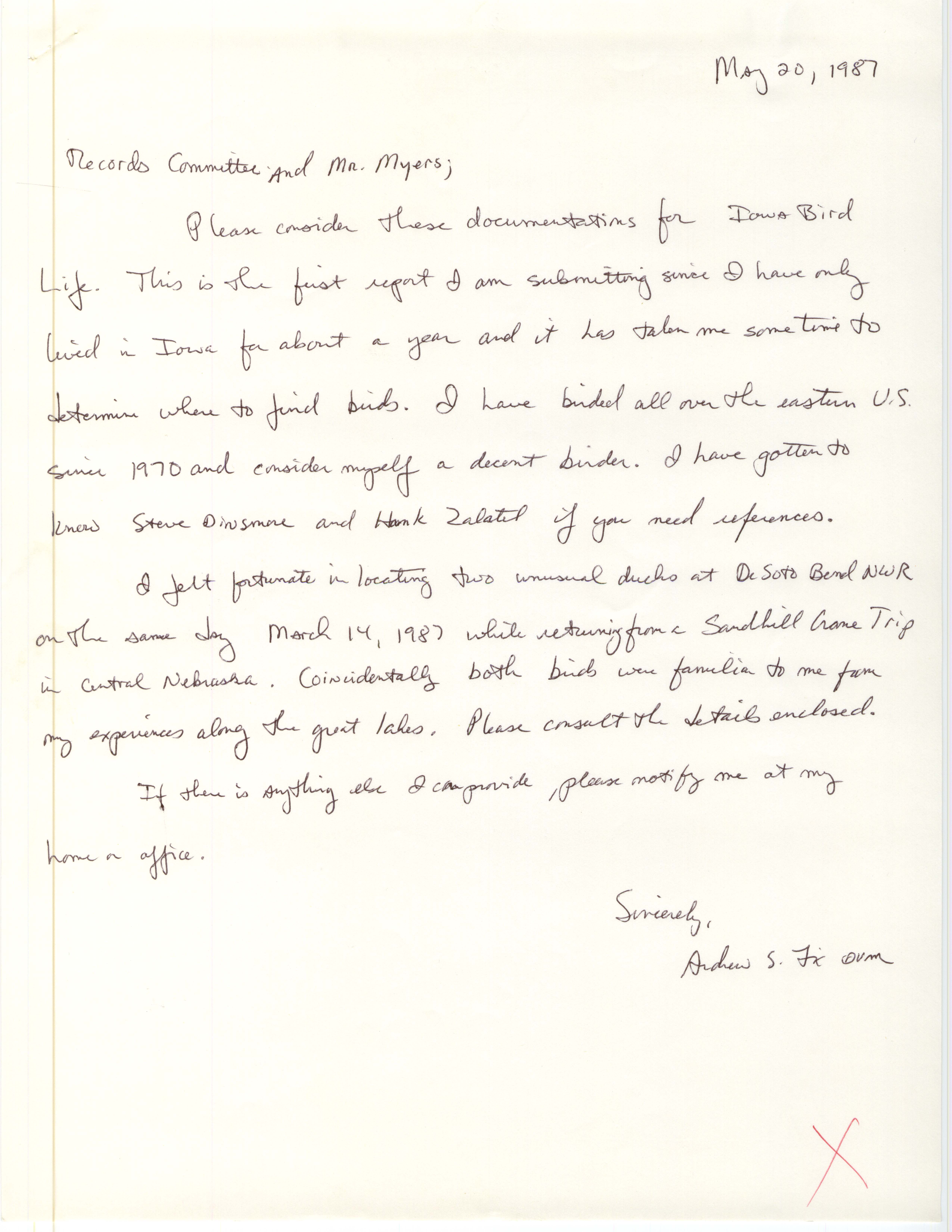 Andrew S. Fix letter to Robert K. Myers regarding bird sightings, May 20, 1987