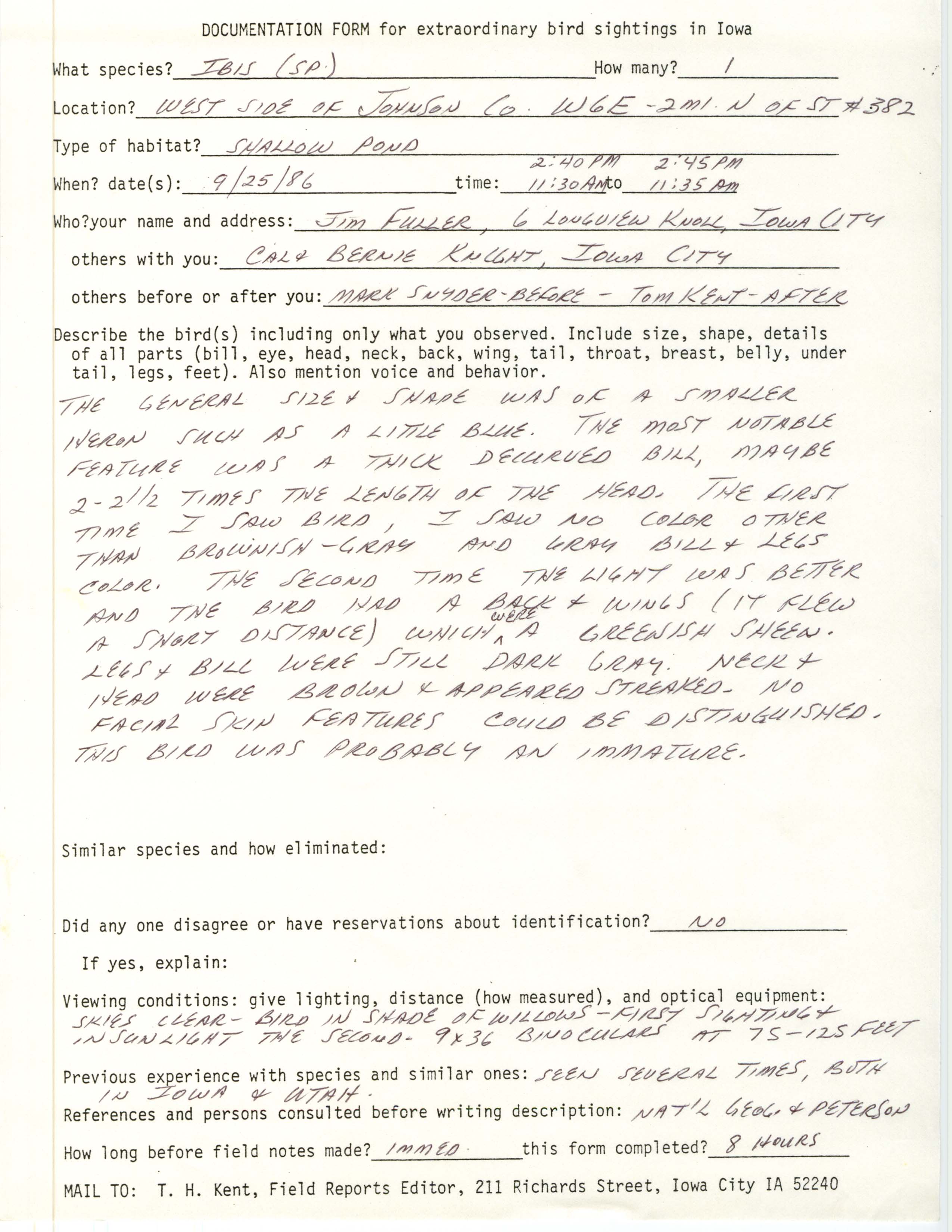 Rare bird documentation form for Ibis species at west side of Johnson County, 1986