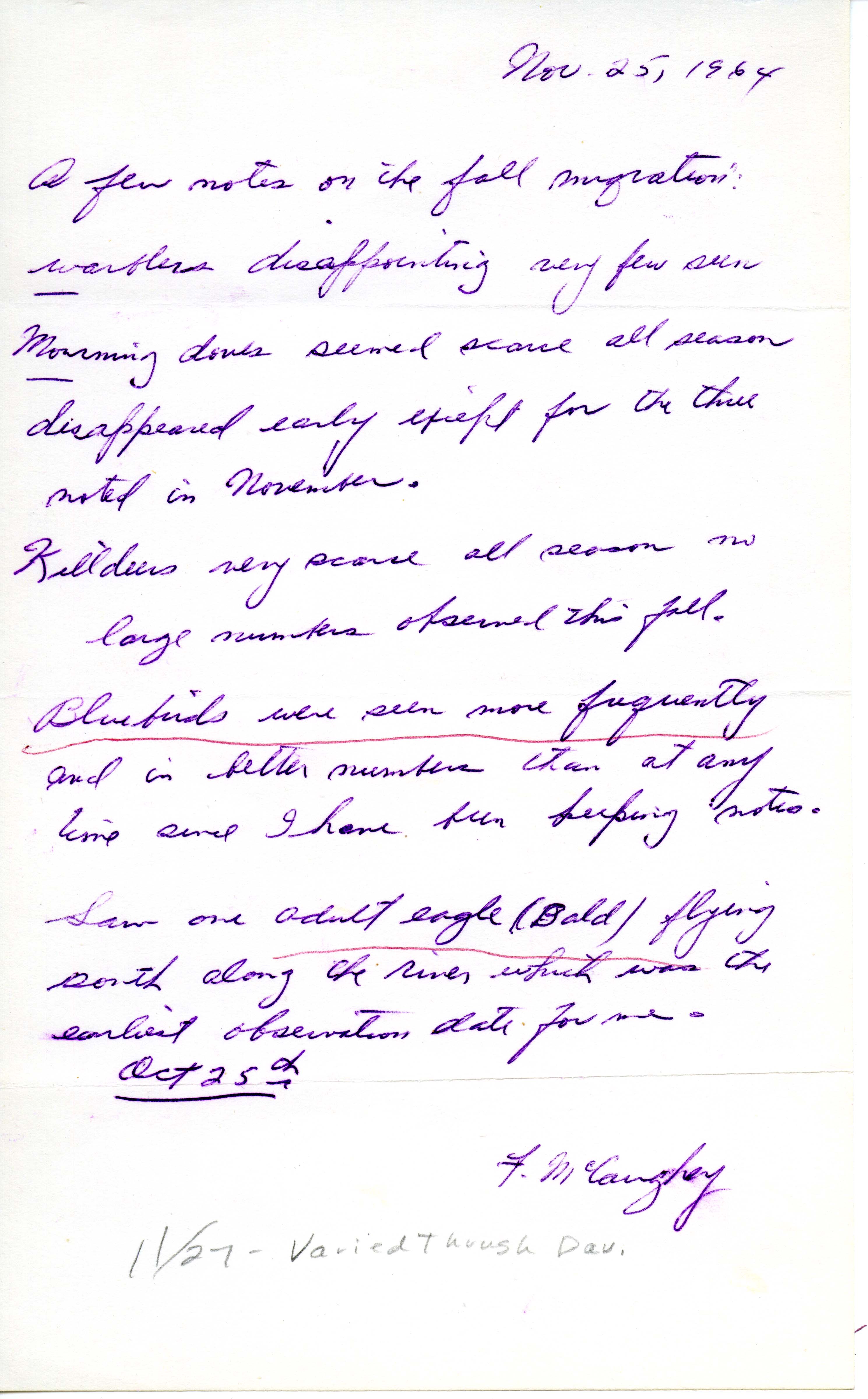 Florence McCaughey letter regarding fall bird migration, November 25, 1964