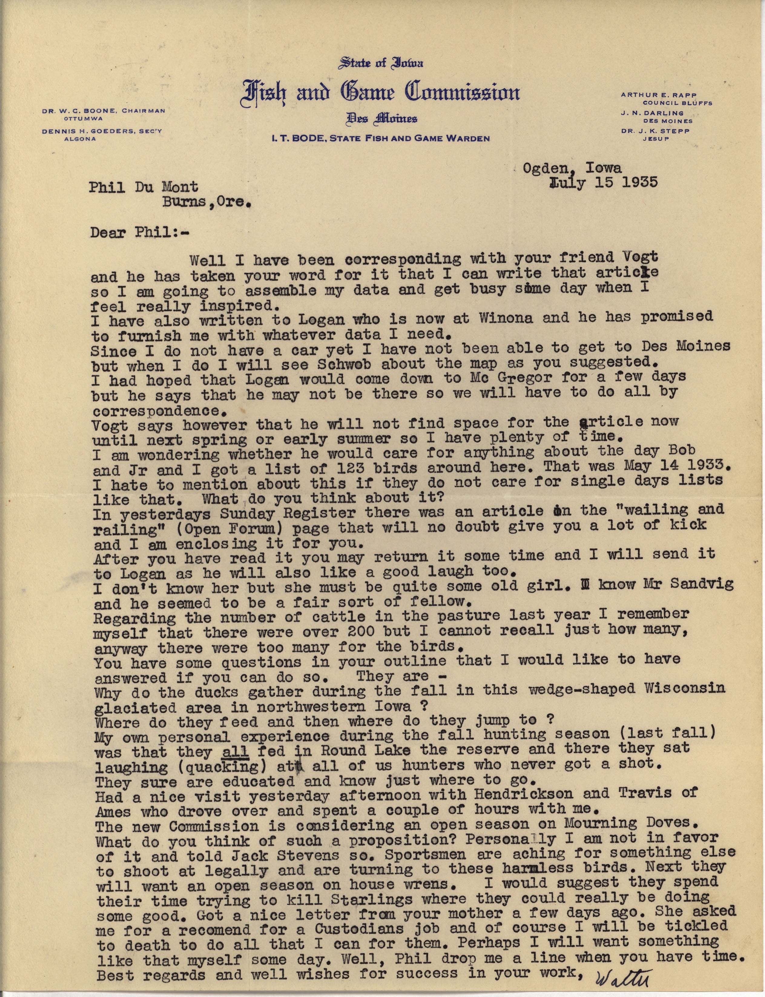 Walter Rosene letter to Philip DuMont regarding article writing, July 15, 1935