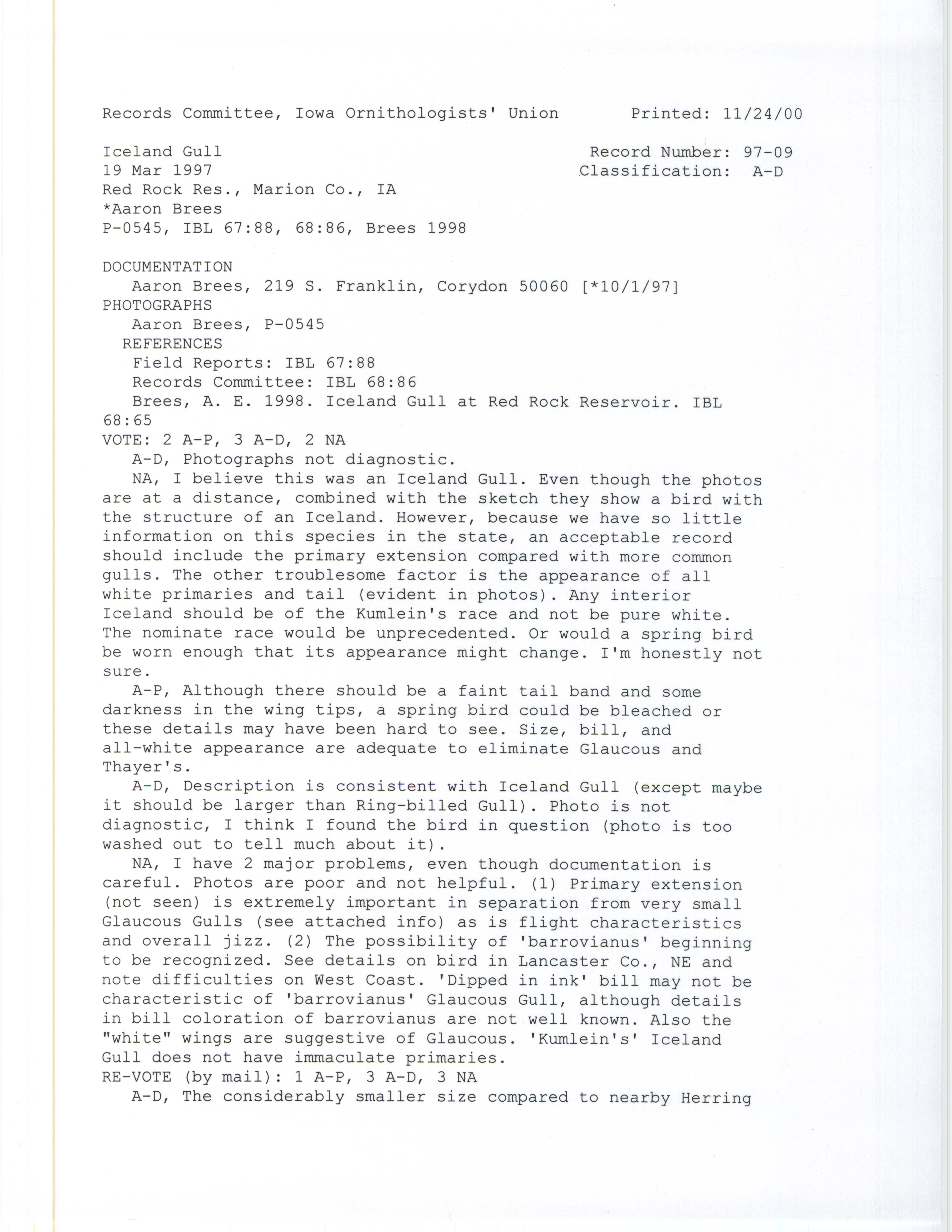 Records Committee review for rare bird sighting of Iceland Gull at Red Rock Reservoir Dam, 1997