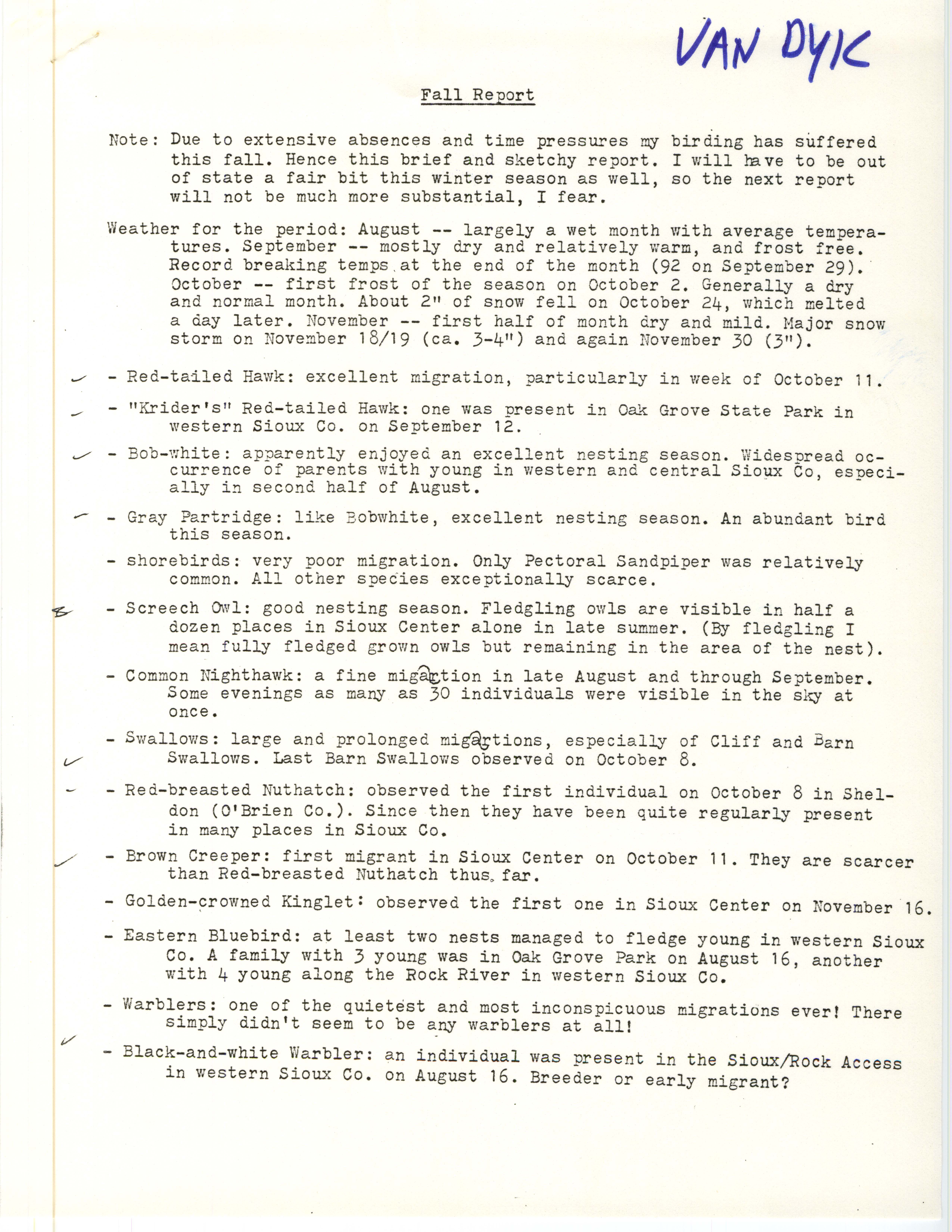 Field notes contributed by John Van Dyk, December 2, 1981