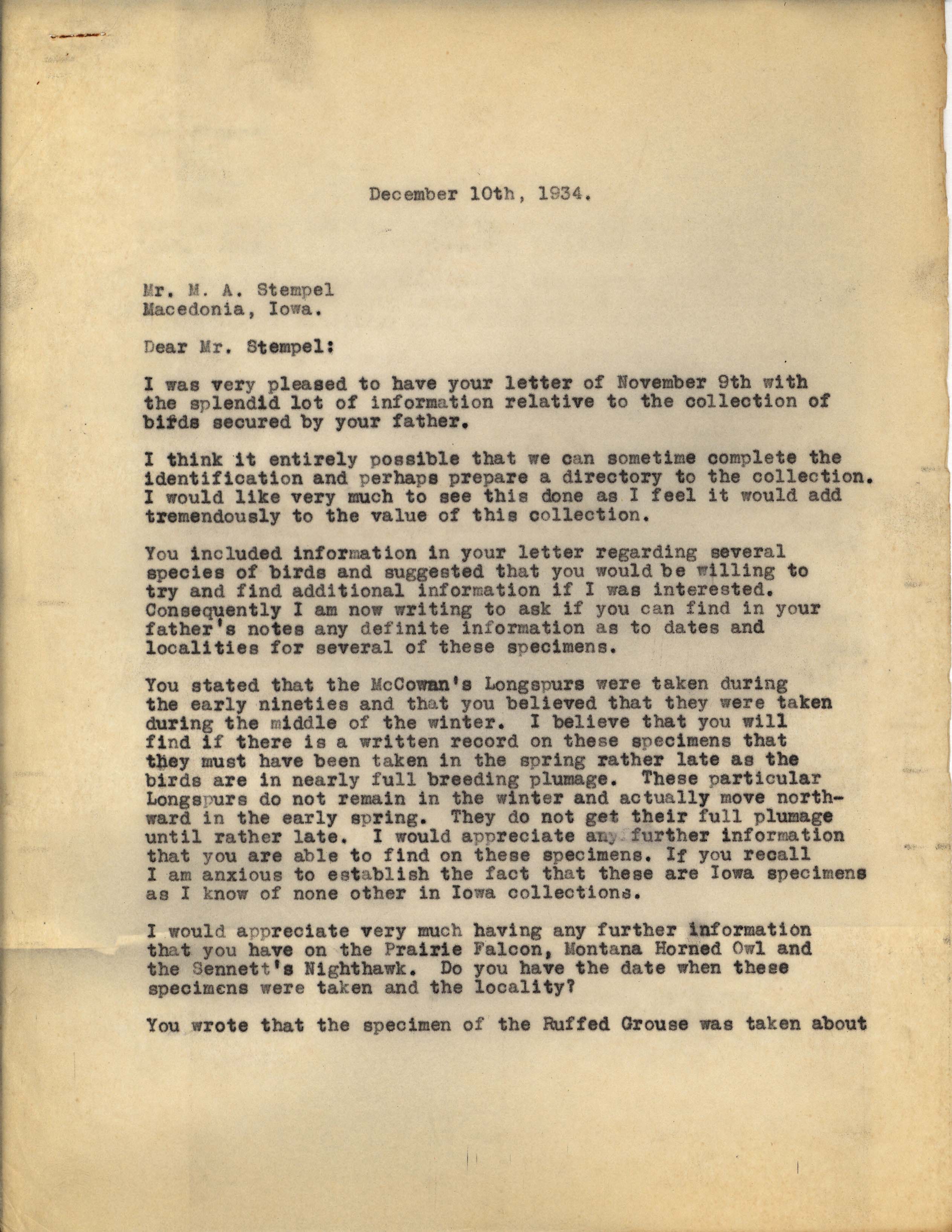 Philip DuMont letter to Max Stempel regarding the Stempel collection, December 10, 1934