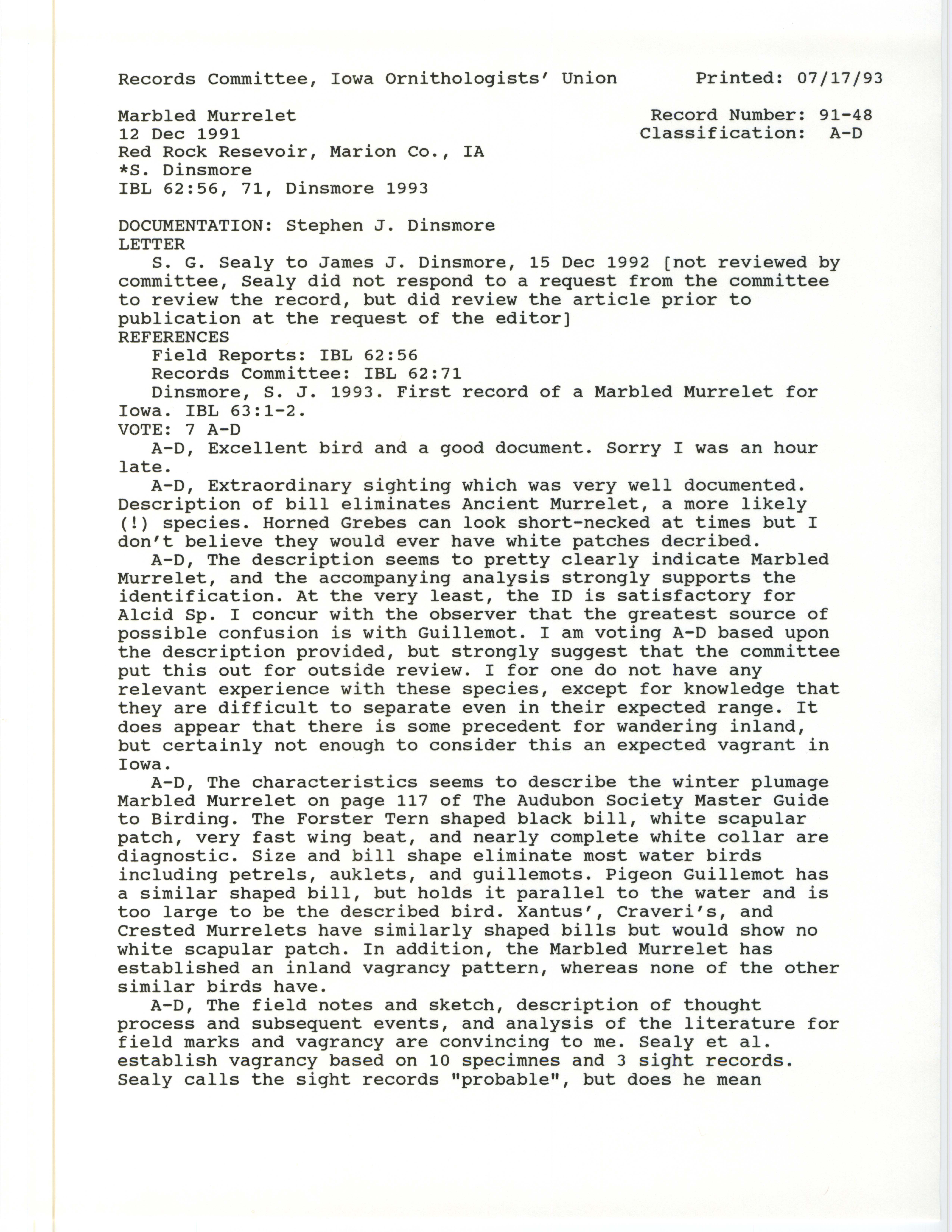 Records Committee review for rare bird sighting of Marbled Murrelet at Whitebreast Cove at Red Rock Reservoir, 1991