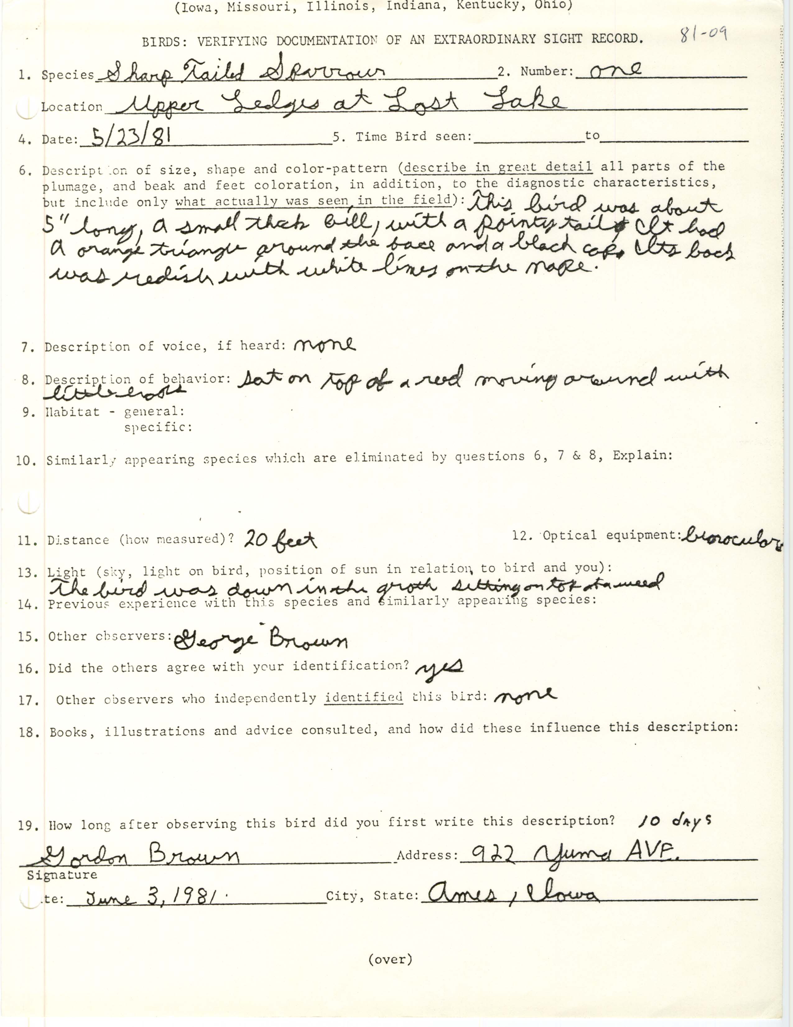 Rare bird documentation form for Sharp-tailed Sparrow at Lost Lake in Boone County, 1981