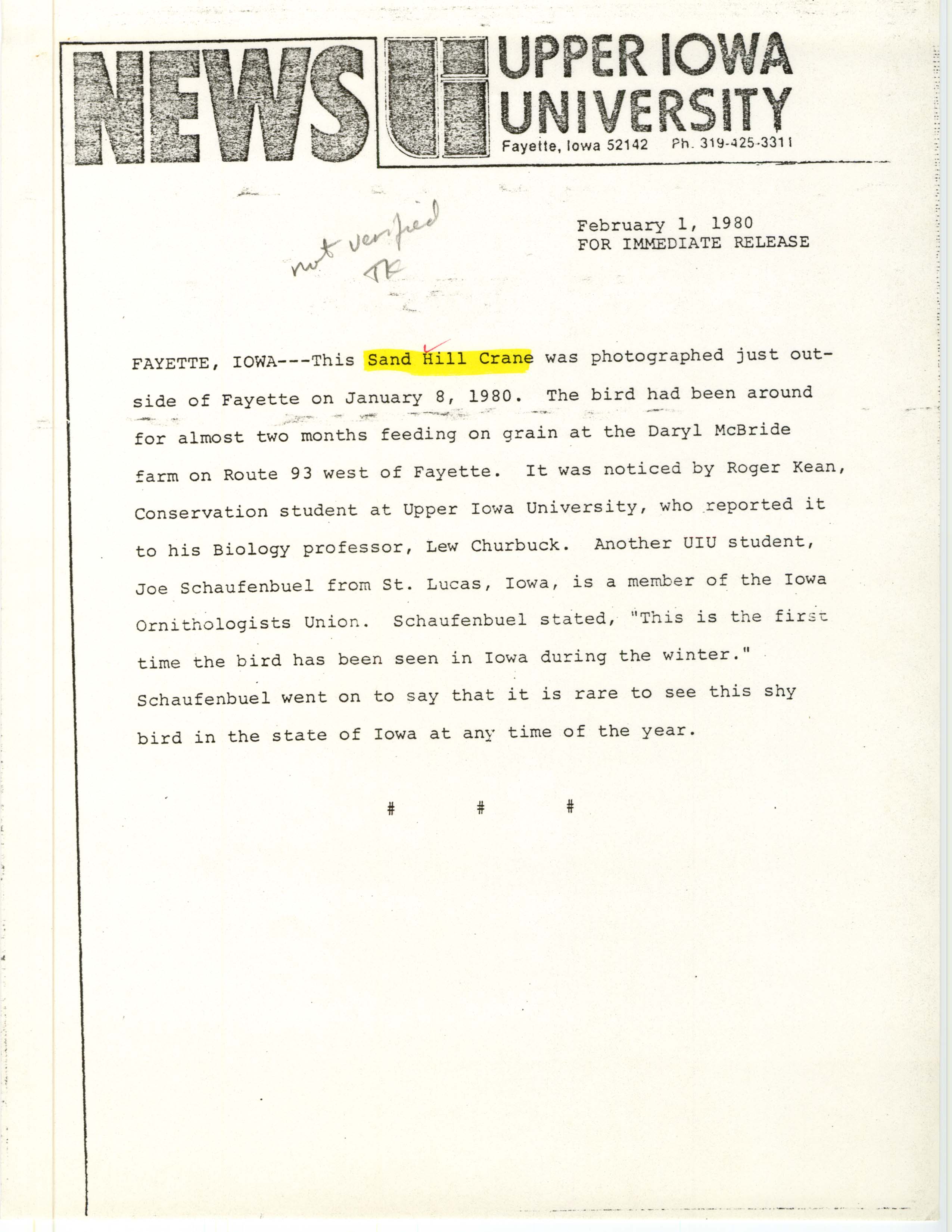 Press release for rare bird sighting for Sand Hill Crane near Fayette, 1980