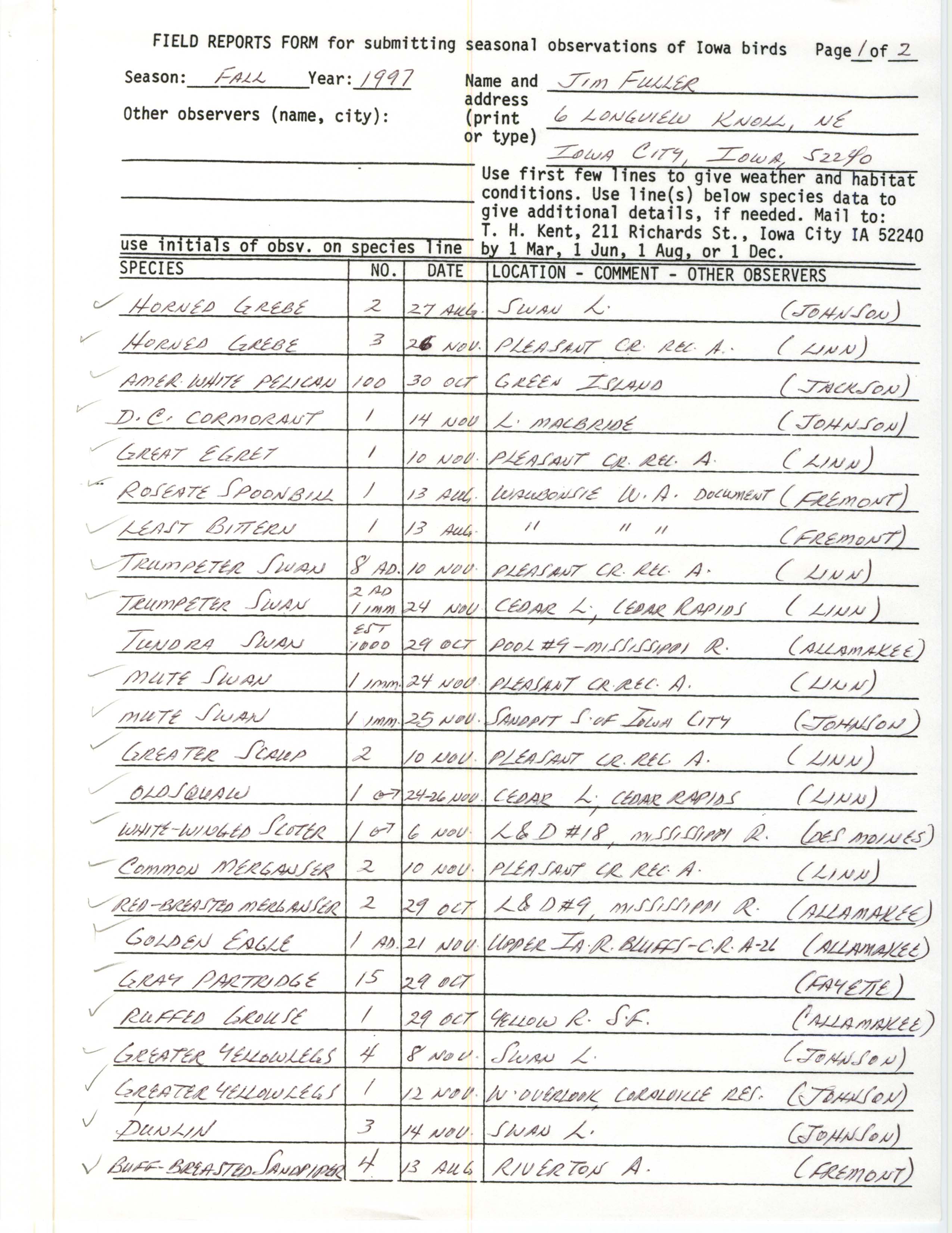 Field reports form for submitting seasonal observations of Iowa birds, James L. Fuller, fall 1997