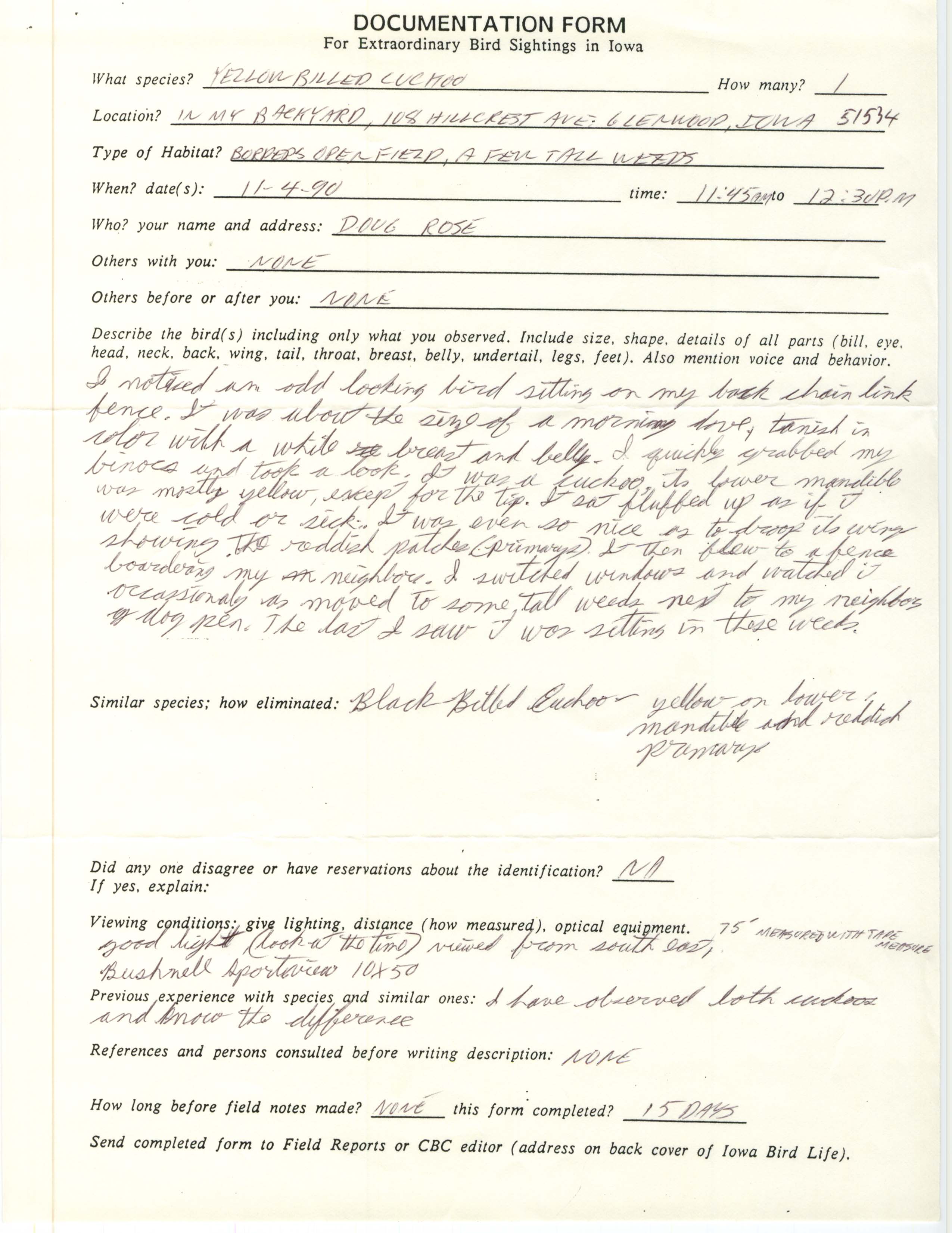 Rare bird documentation form for Yellow-billed Cuckoo at Glenwood, 1990