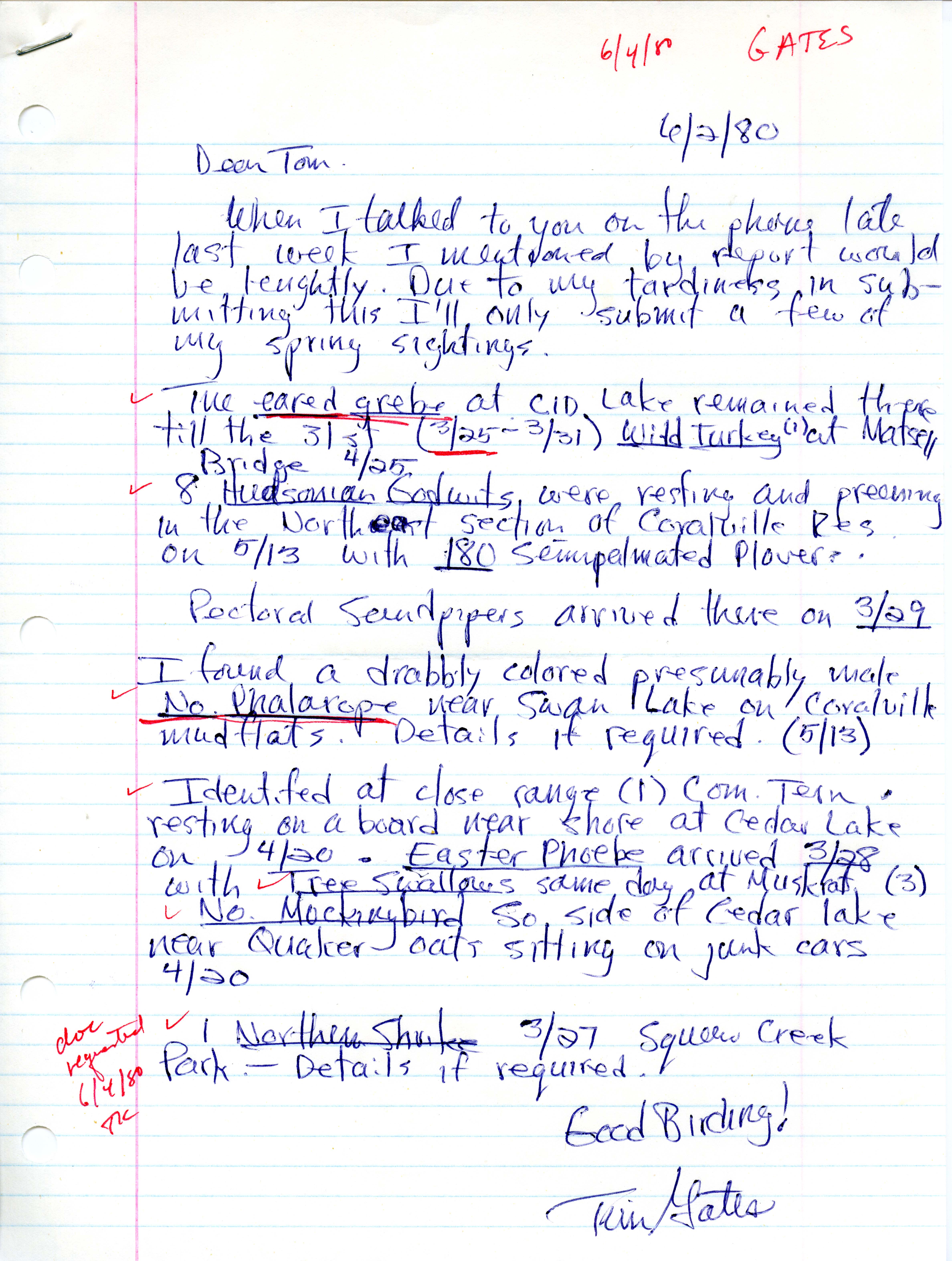 Tim Gates letter to Thomas H. Kent regarding bird sightings, June 2, 1980