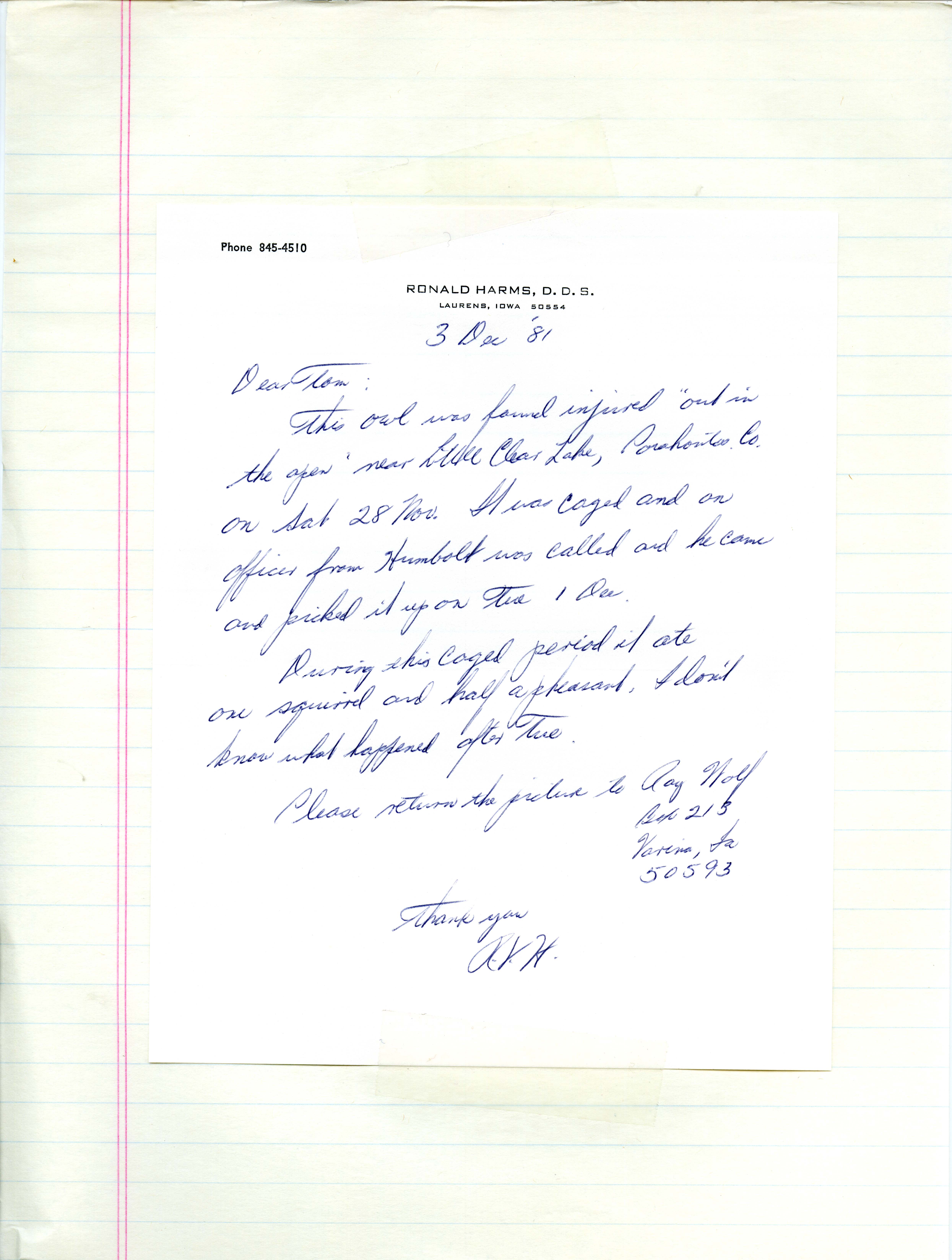 Ronald Harms letter to Thomas H. Kent regarding an injured caged owl, December 3, 1981