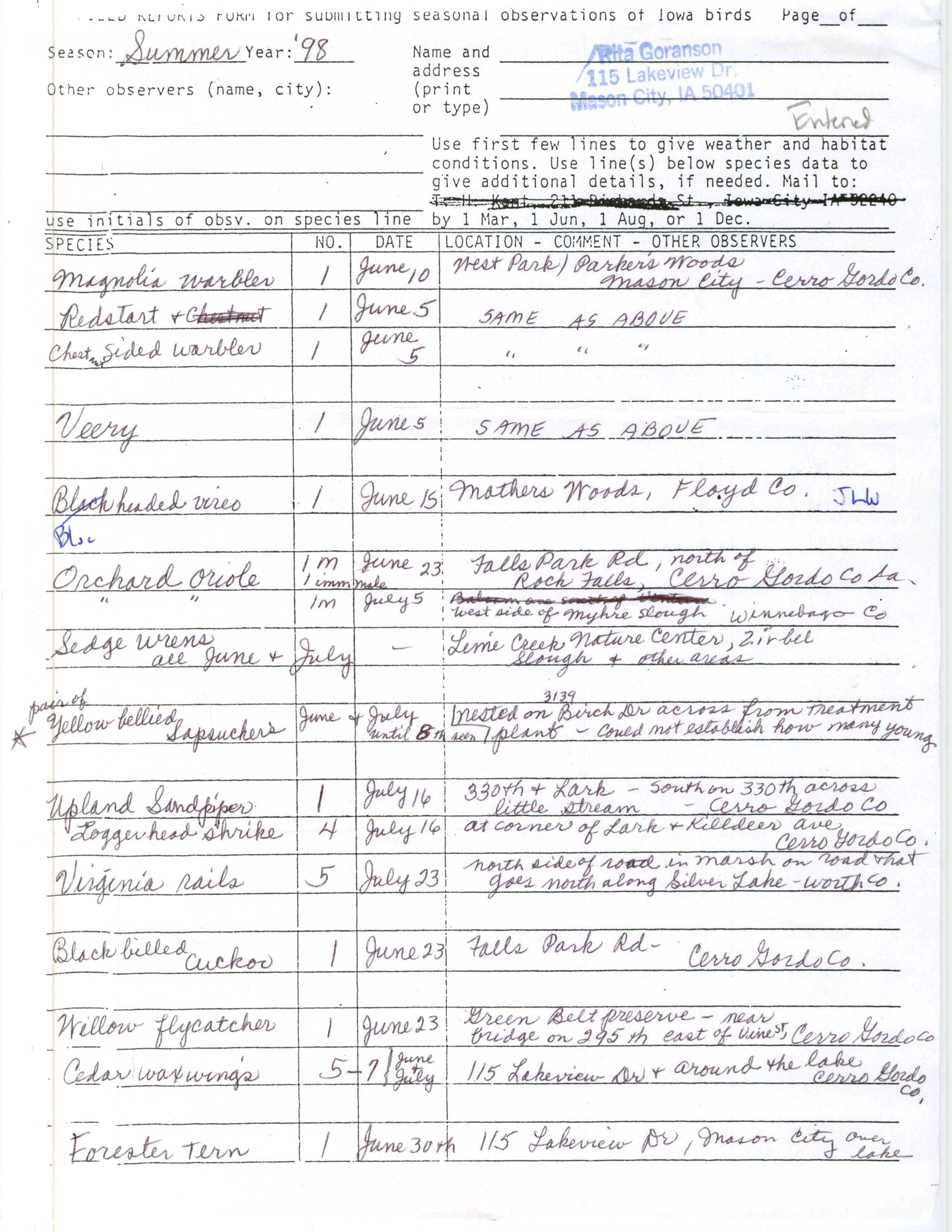 Field reports form for submitting seasonal observations of Iowa birds, Rita Goranson, summer 1998